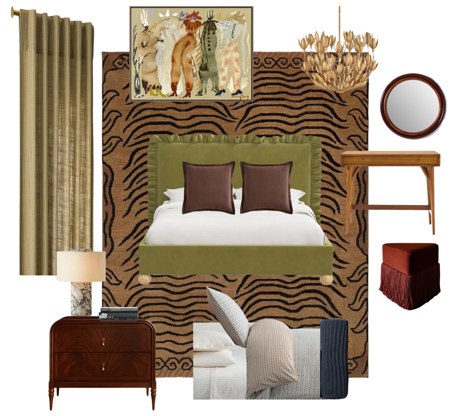 bedroom mood board with tiger print rug green bed and curtains and gold floral chandelier