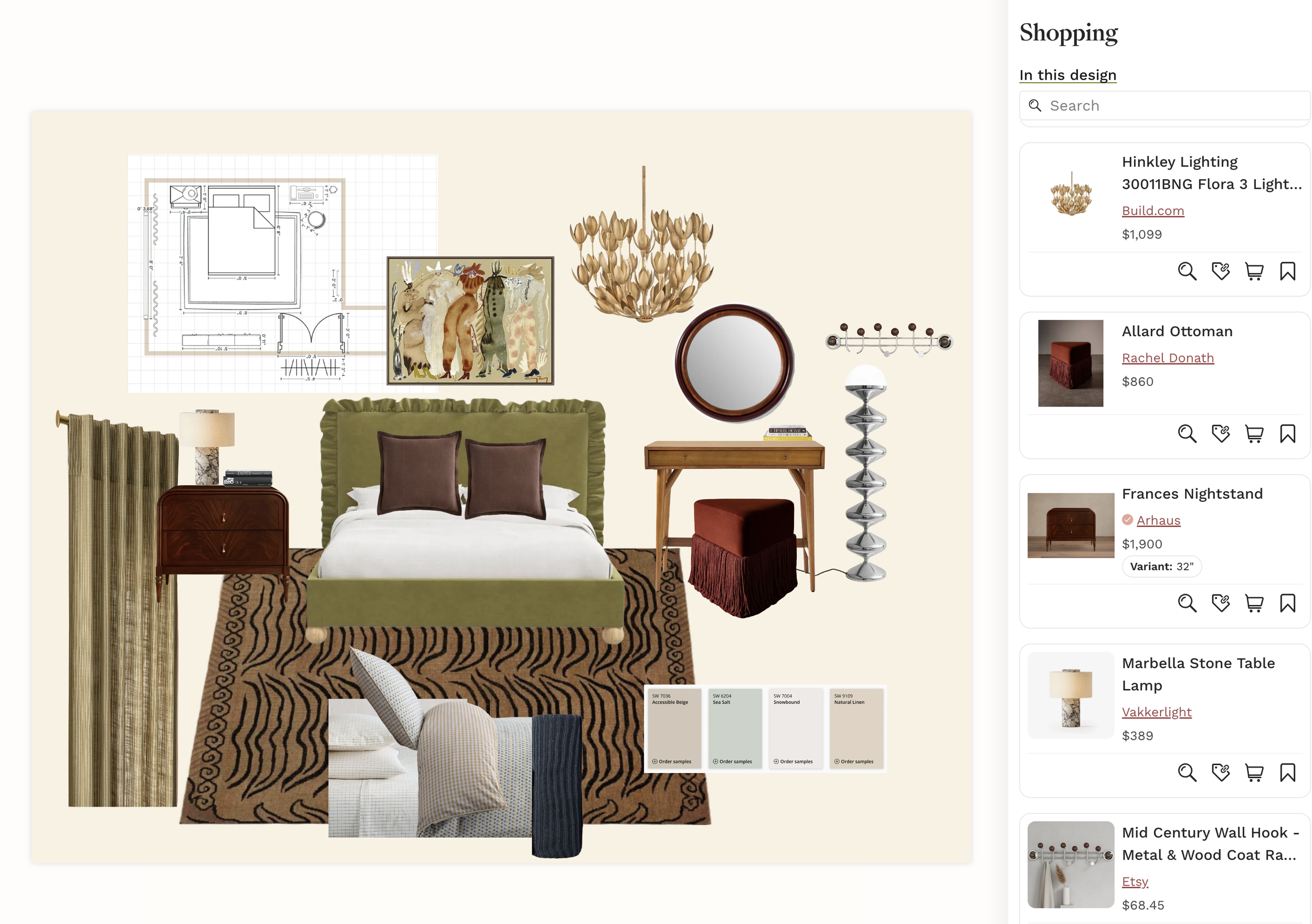 compiled image of guest bedroom moldboard with floor plan and paint swatches and product list
