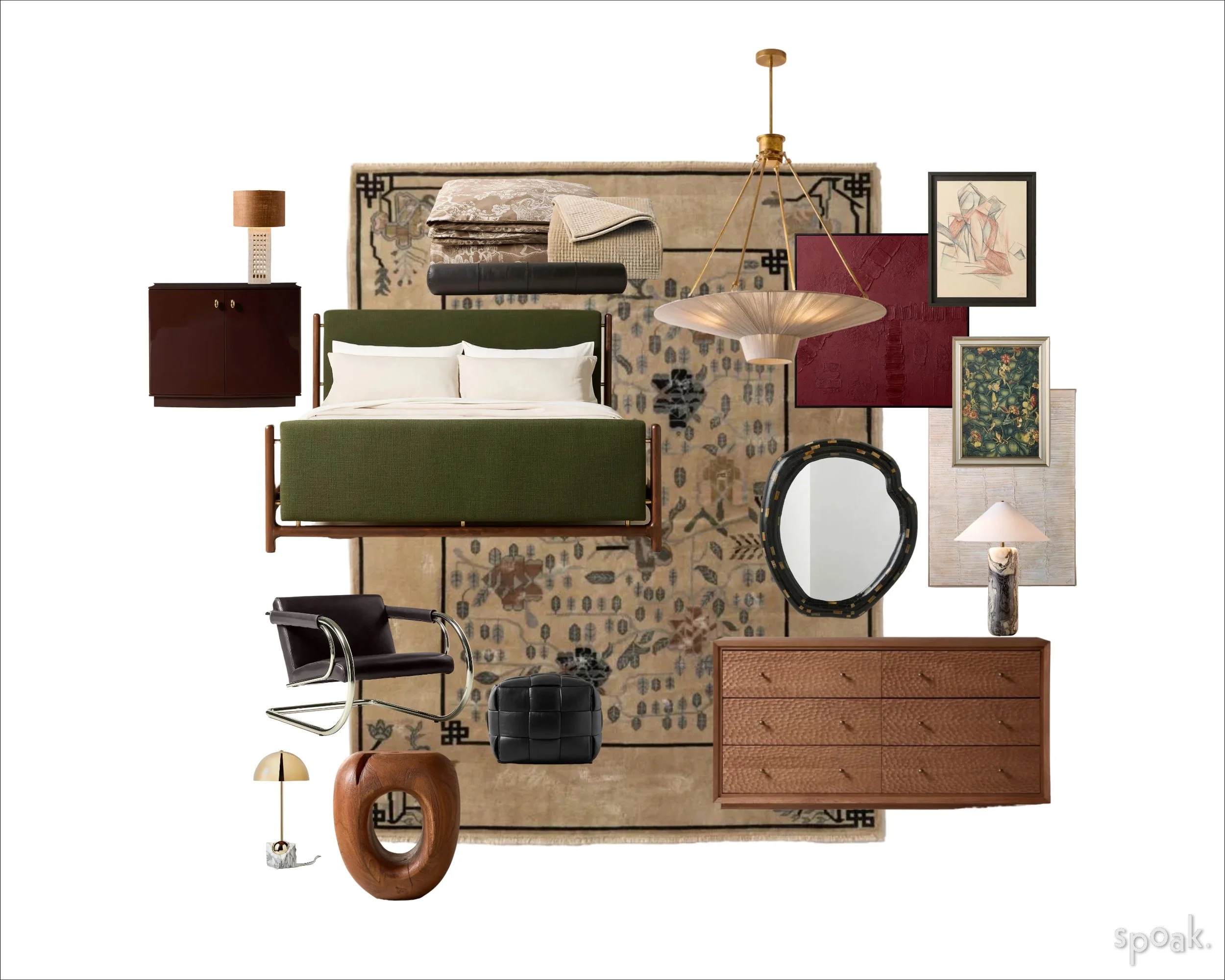 A collection of various furniture and decor items including a bed with white pillows and green frame, a dark wooden nightstand with a table lamp, a red dresser, abstract artwork, a large decorative mirror, a tripod floor lamp, and a light-colored table lamp, all arranged on a beige patterned rug.