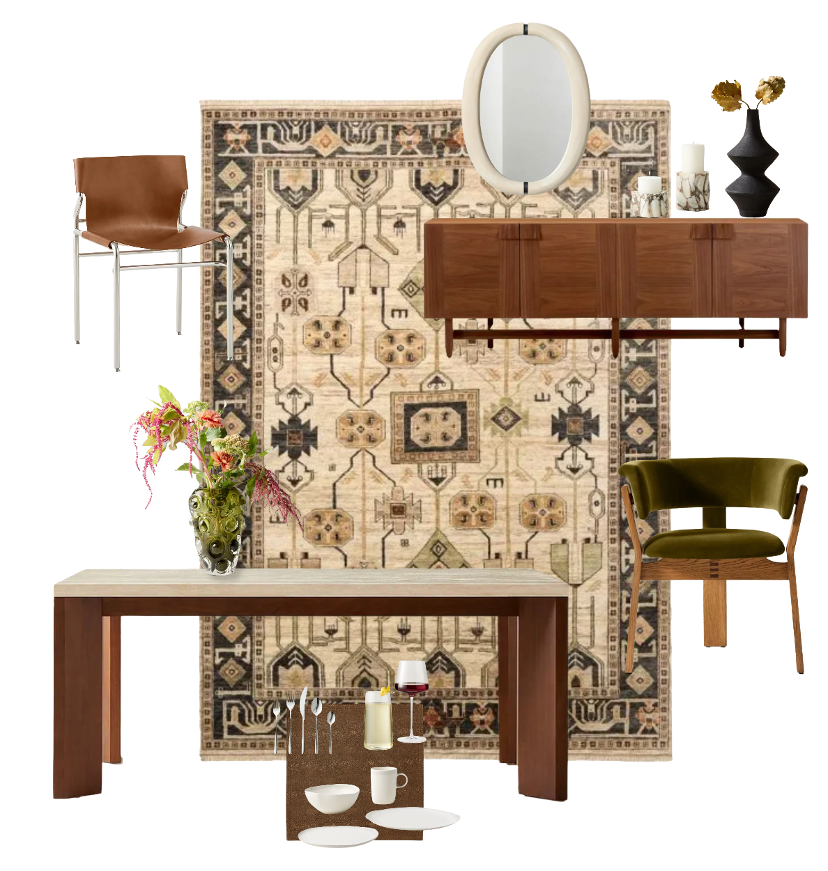layered dining room mood board with mid century furniture and chrome and leather chairs