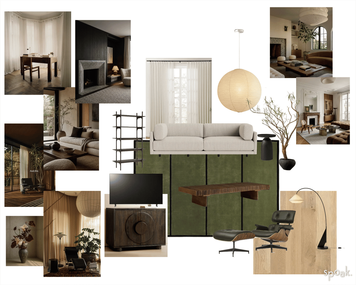 Collage of interior living room and decor furnishings including sofas, chairs, tables, lighting fixtures, curtains, and decor accents in neutral and earthy tones.