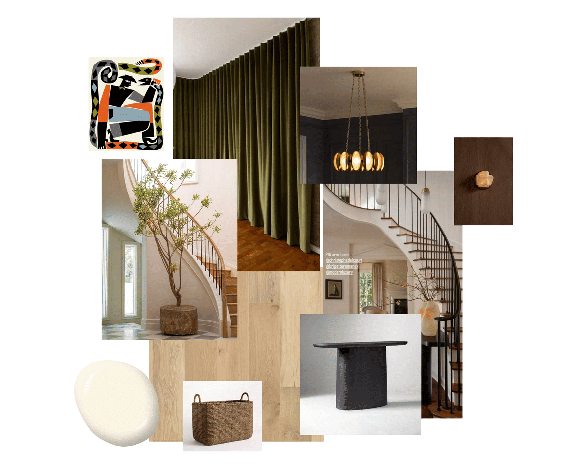 mood board for entryway with stairs green curtain wabi sabi tree