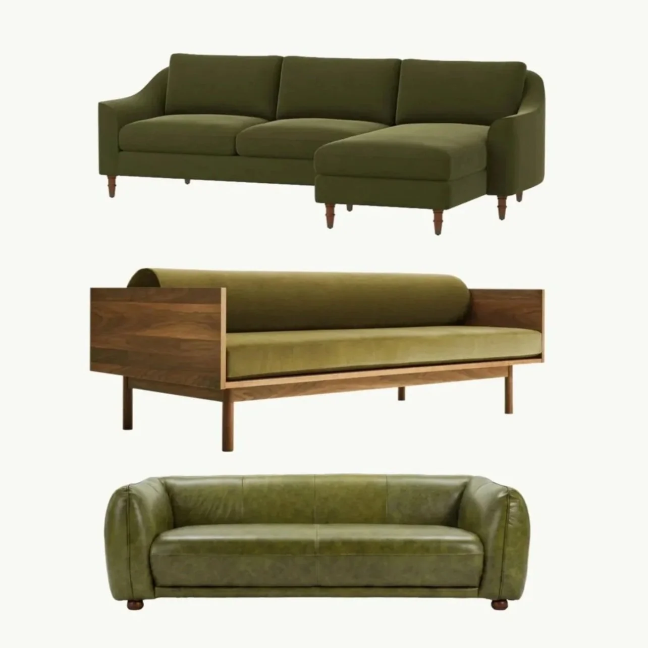 Three vintage-style green sofas of different designs against a white background.