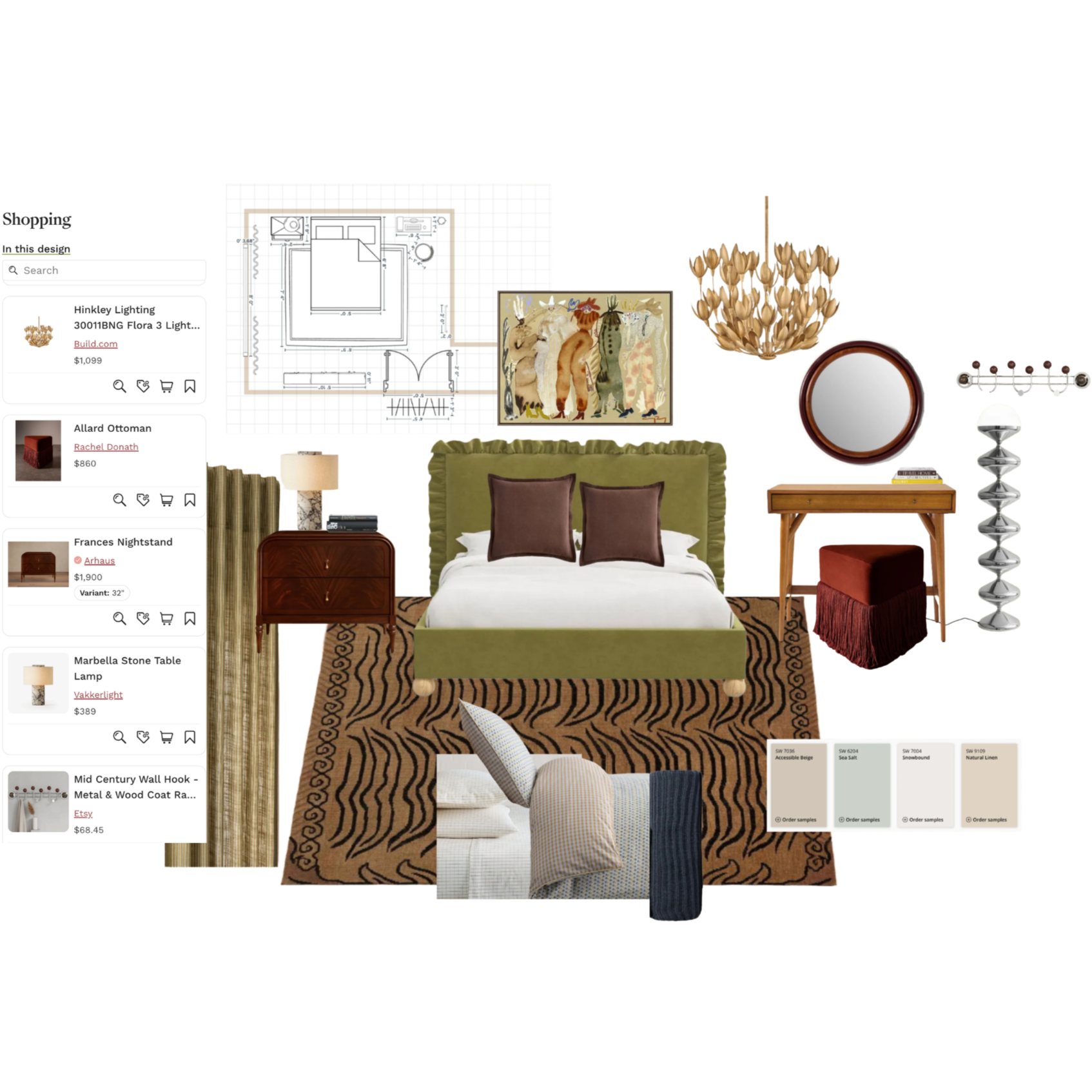 Interior design mood board featuring a bedroom with a green upholstered bed, brown pillows, a zebra print rug, a variety of artwork, a side table, a mirror, a chandelier, and various furniture sample options displayed on the side.