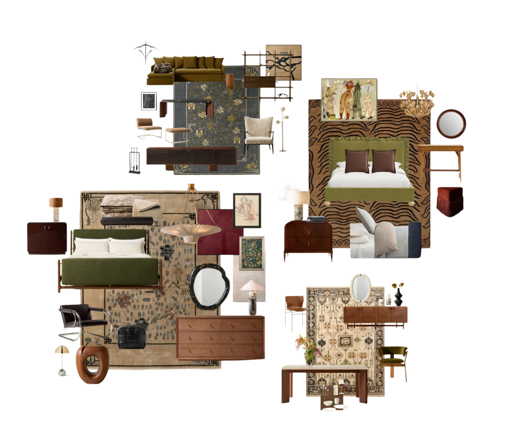 composite of multiple mood boards for a variety of rooms in the house bedroom living room dining room