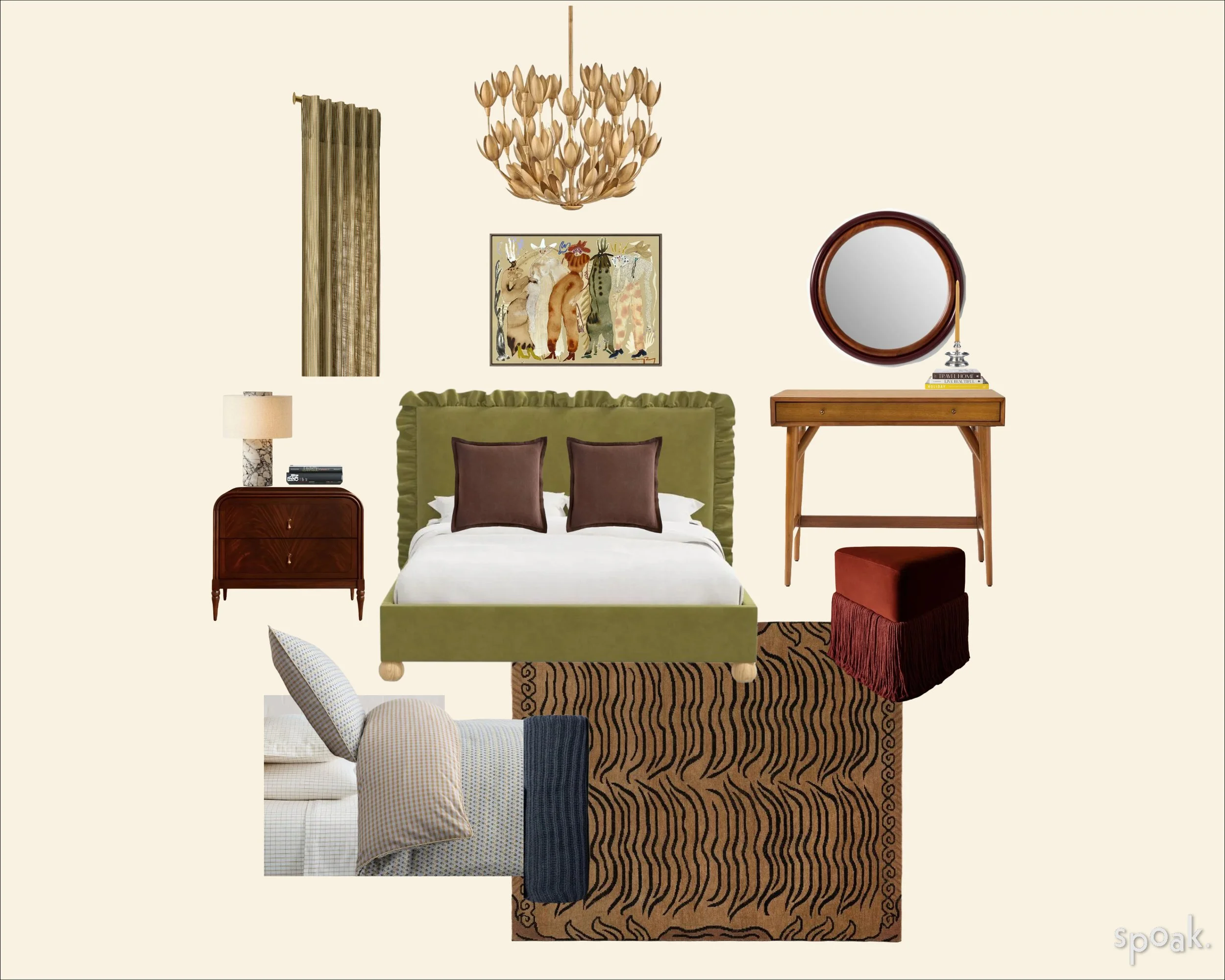 mood board of guest room with tiger tripe rug and green bed