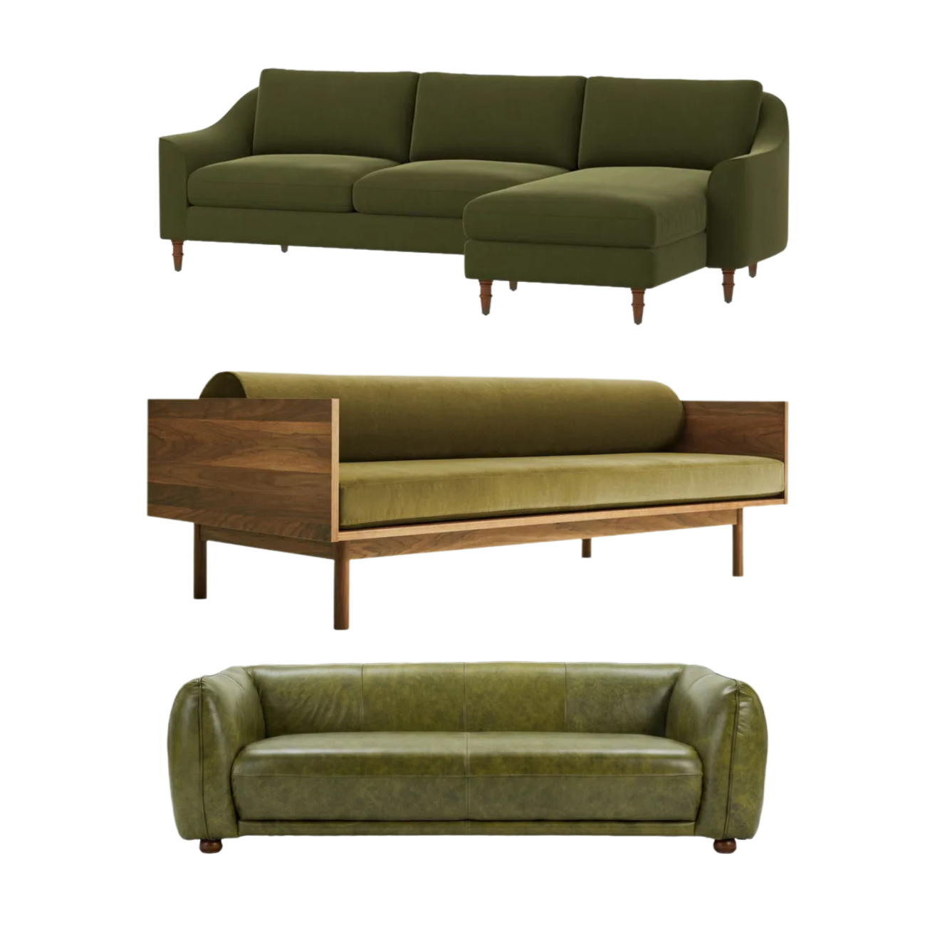 Three green sofas with wooden legs and armrests, each with a different design, placed one above the other on a black background.