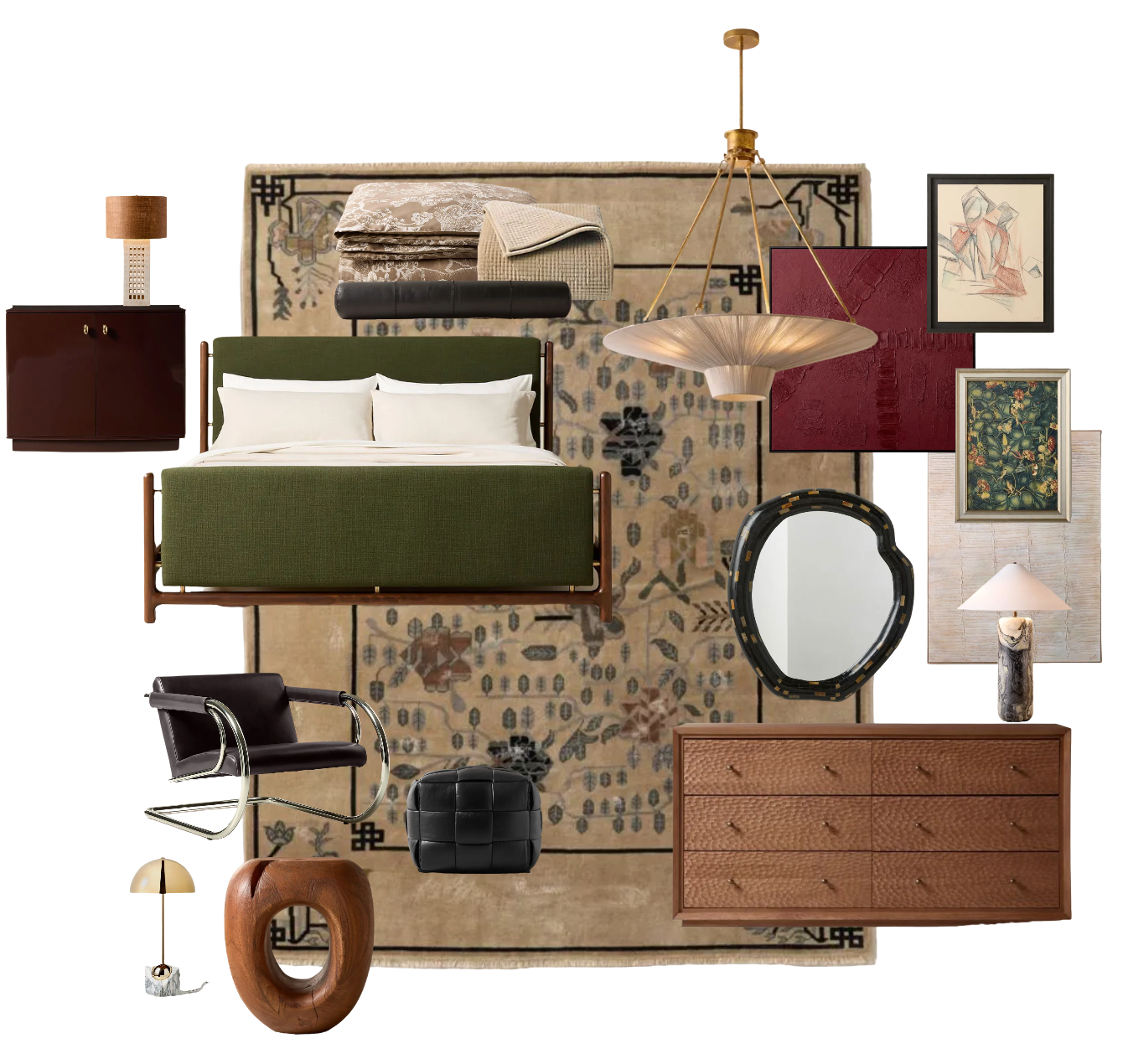 layered image with moody bedroom furniture