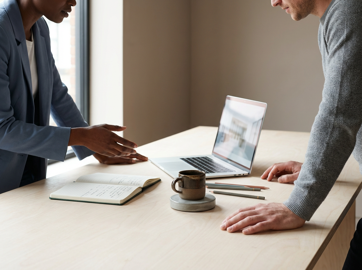 Two people in a meeting discussing documents and a laptop on a table with a coffee mug and pens.