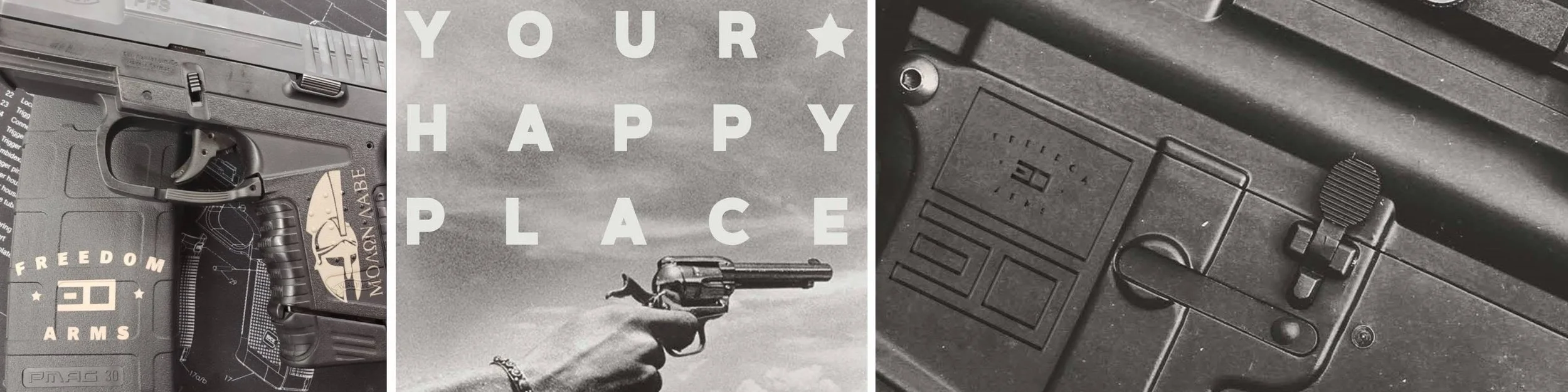 Close-up of a semi-automatic handgun, a safety lock, and a part of a foam case with a quote that reads, 'Your Happy Place', in black and white.