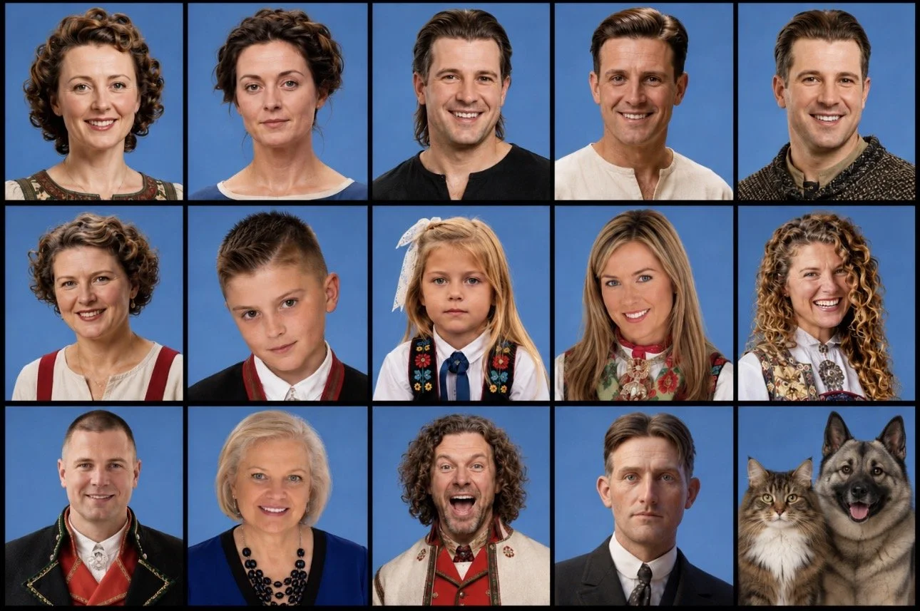 A collage of 15 people, including men, women, and children, along with a cat and a dog, all against a blue background.