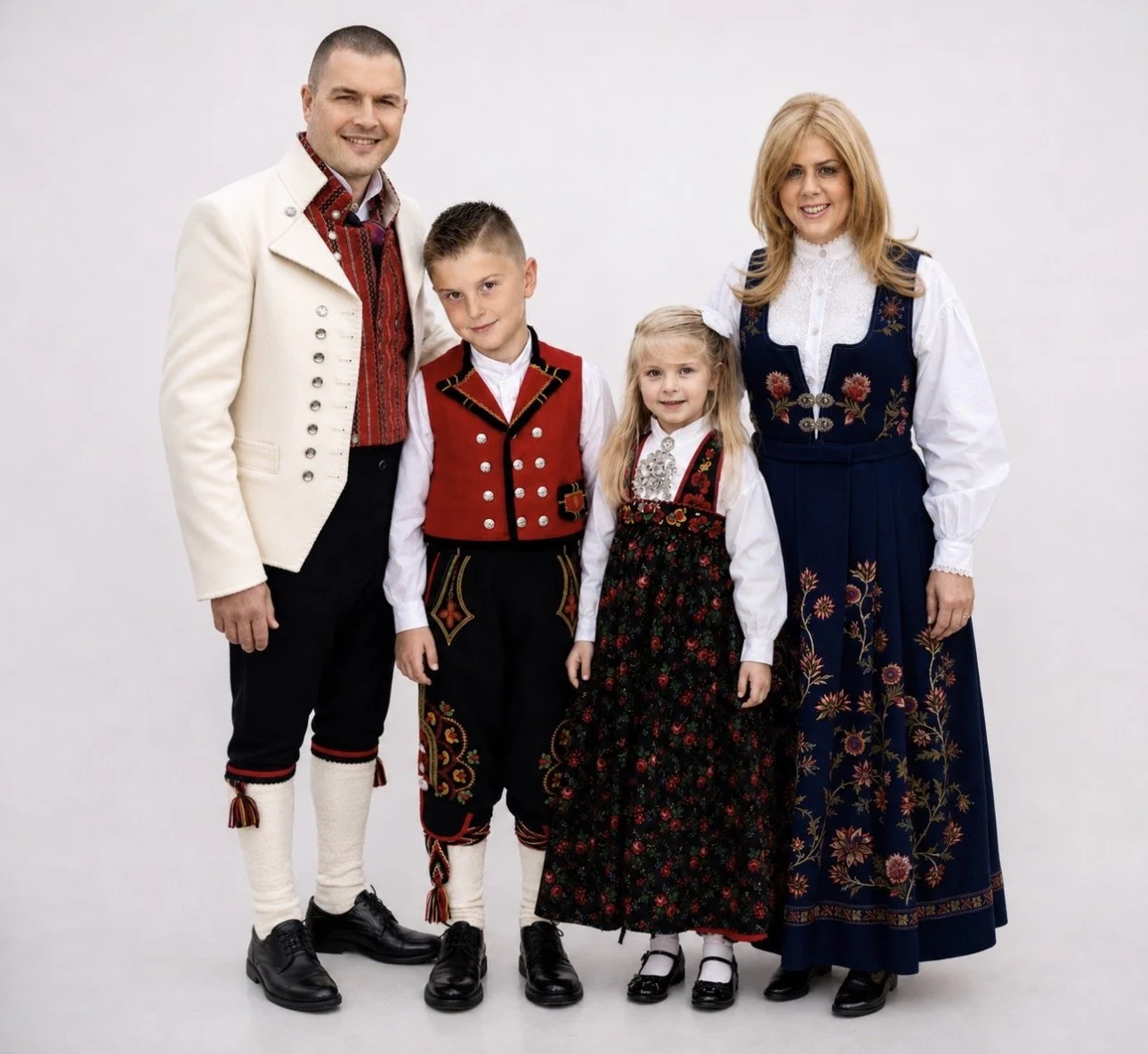 A family of five dressed in traditional Norwegian folk costumes, standing against a plain white background. The father is on the left in a cream-colored jacket with a red shirt underneath. The mother is on the right in a navy blue skirt with embroidered floral patterns and a white blouse. Two children, a boy and a girl, are in the center, wearing matching traditional outfits with embroidered details. The boy is in a red vest and black pants, and the girl is in a black and red floral dress with a white blouse.
