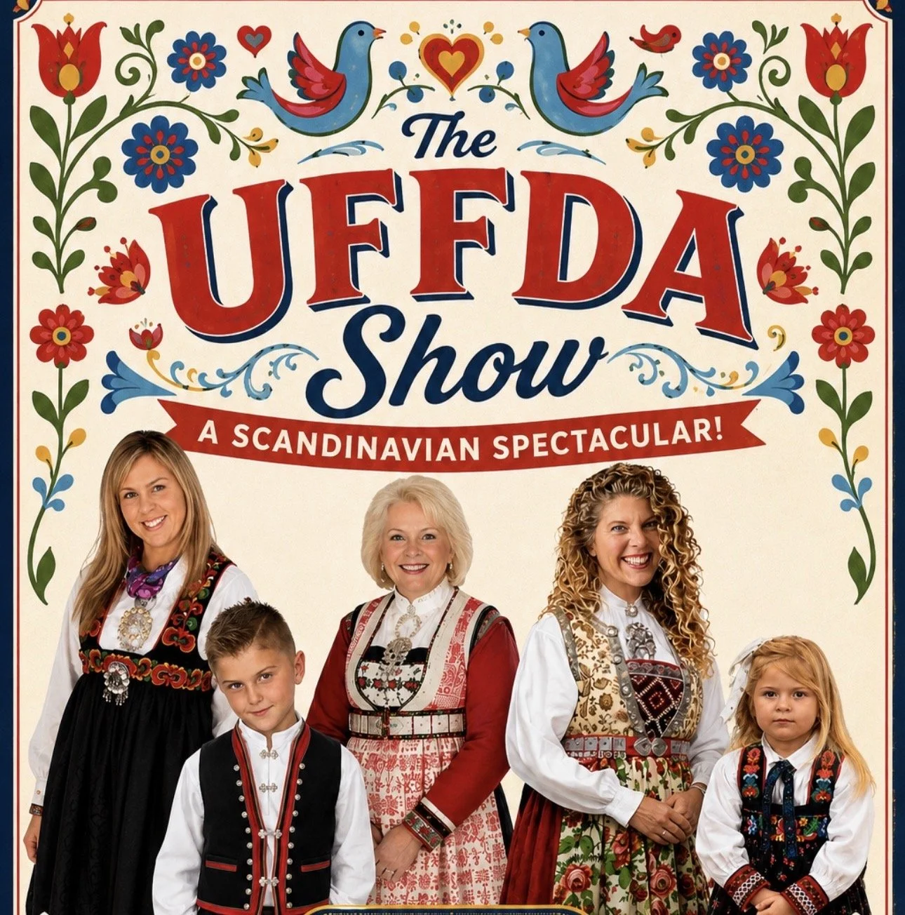 Poster for 'The Uffda Show,' a Scandinavian-themed performance featuring smiling women and children dressed in traditional Scandinavian costumes, decorated with floral designs, birds, and hearts.