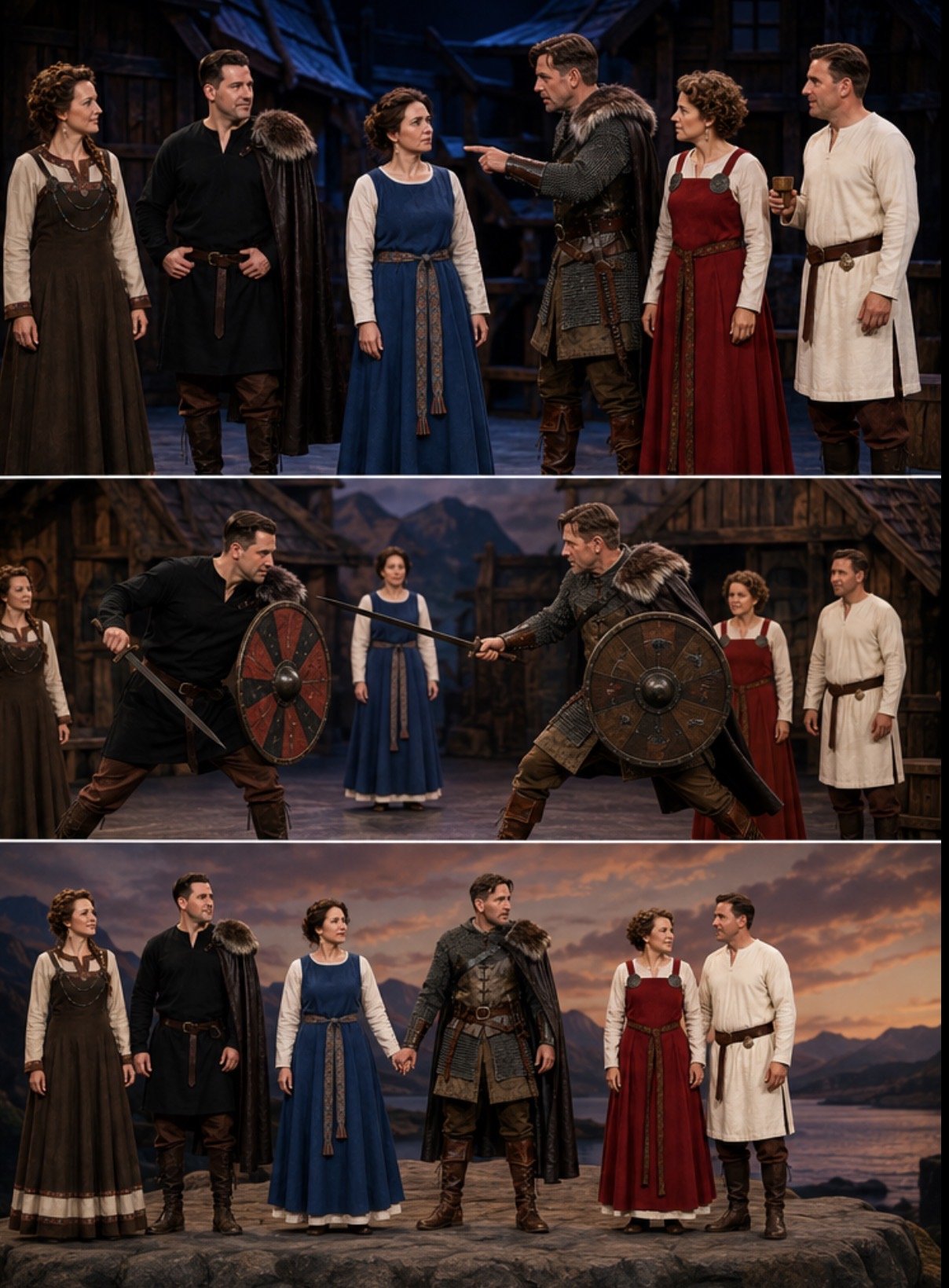 A scene from a historical or fantasy-themed play featuring six actors. The first image shows a group of five people standing on a stage, with one man pointing at another. The second image depicts two men dressed as warriors preparing to fight with swords and shields, while others watch. The third image shows the same group standing outdoors at sunset, holding hands and facing each other in a scenic landscape.