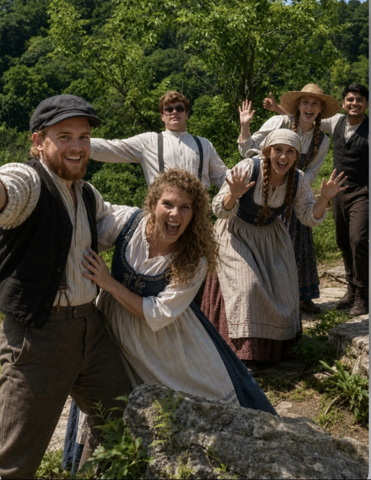 A group of people dressed in old-fashioned clothing, smiling and posing outdoors in a lush, green forested area.
