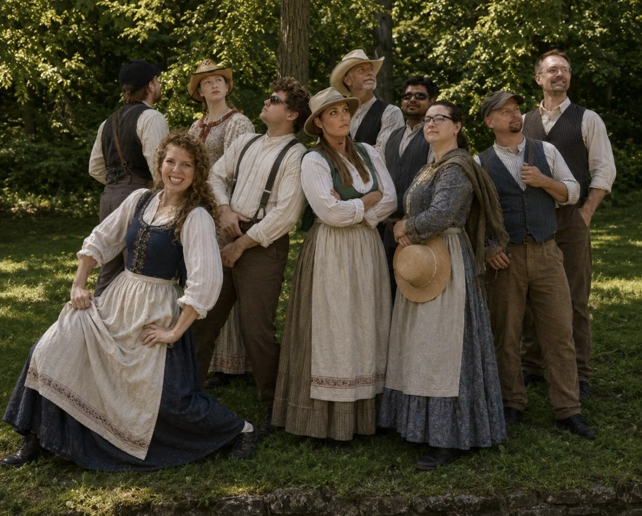 Group of people dressed in vintage clothing standing outdoors under trees, posing and smiling, with some looking up.