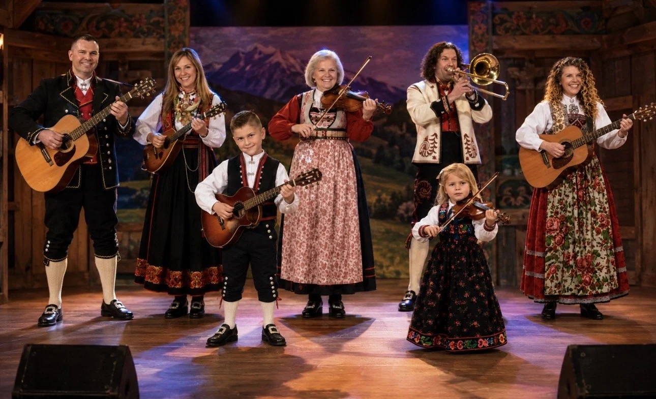 Family group dressed in traditional Norwegian costumes playing musical instruments on stage with a mountain backdrop.