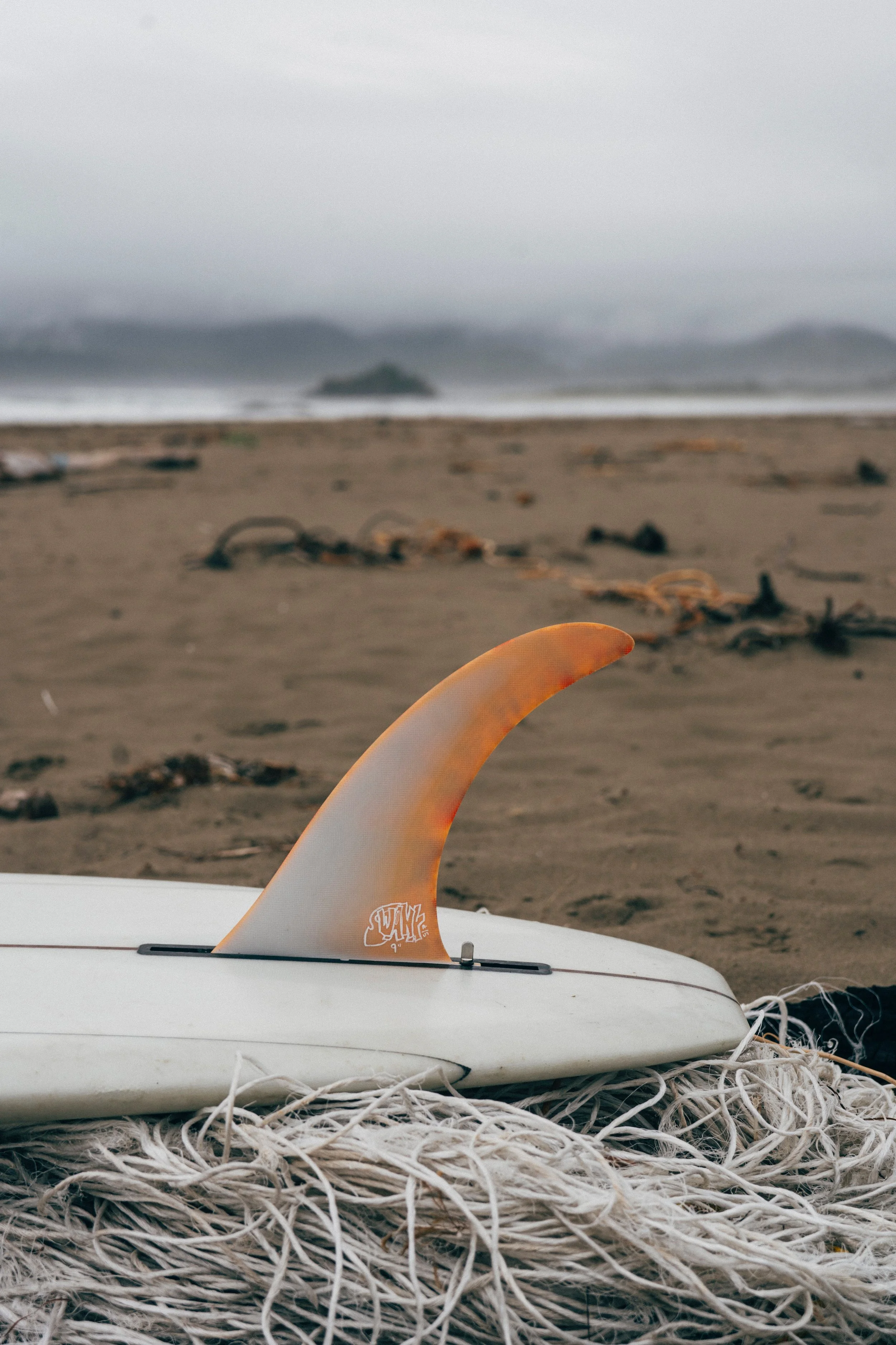 A surfboard fin attached to a surfboard on a sandy beach, with frayed ropes or cordage in the foreground, and a blurry ocean and mountains in the background.