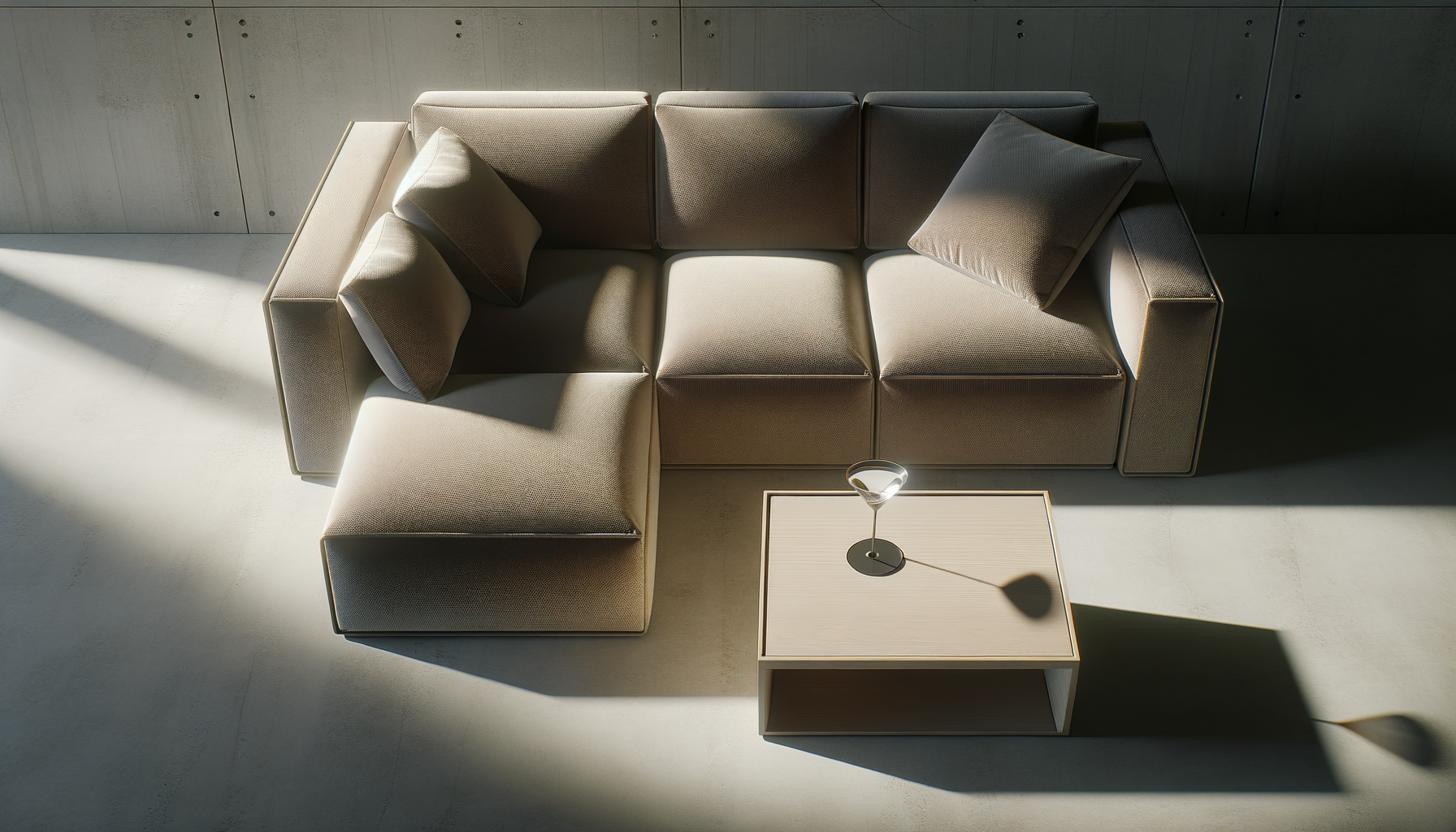 A modern beige sectional sofa with two matching pillows, adjacent to a small rectangular table with a cocktail glass on top, in a room with concrete walls and floor.