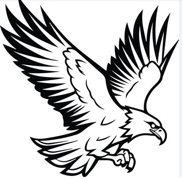 Black and white illustration of an eagle with its wings spread wide.