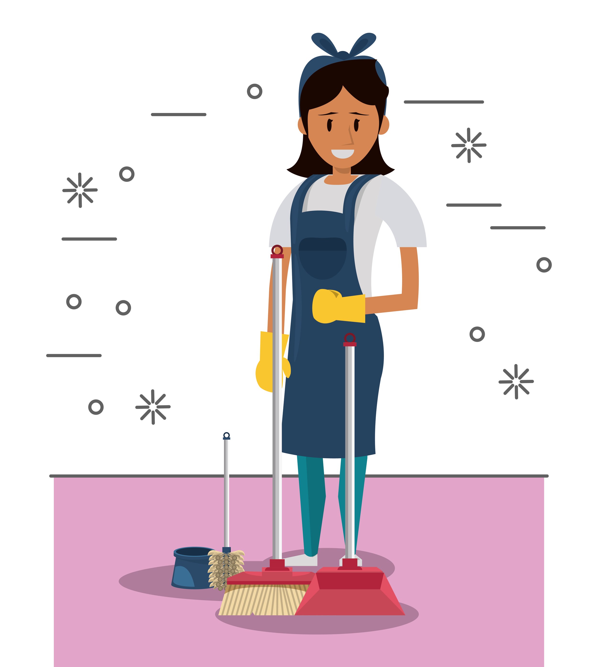 A person wearing cleaning gloves and holding a mop, standing on a floor next to various cleaning supplies including a bucket with a mop head, a brush, and cleaning cloths, with a pinkish-purple background.