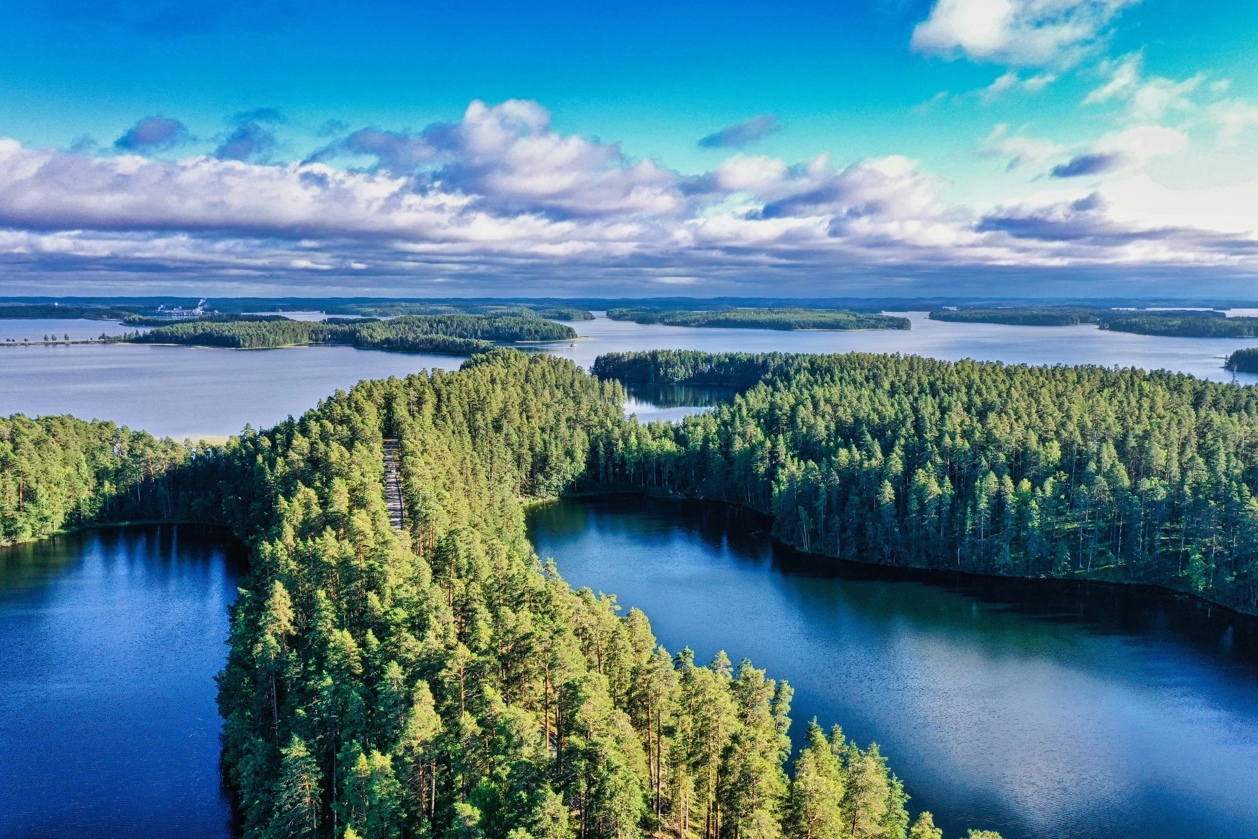 Aerial view of a river winding through dense green forest under a partly cloudy blue sky.