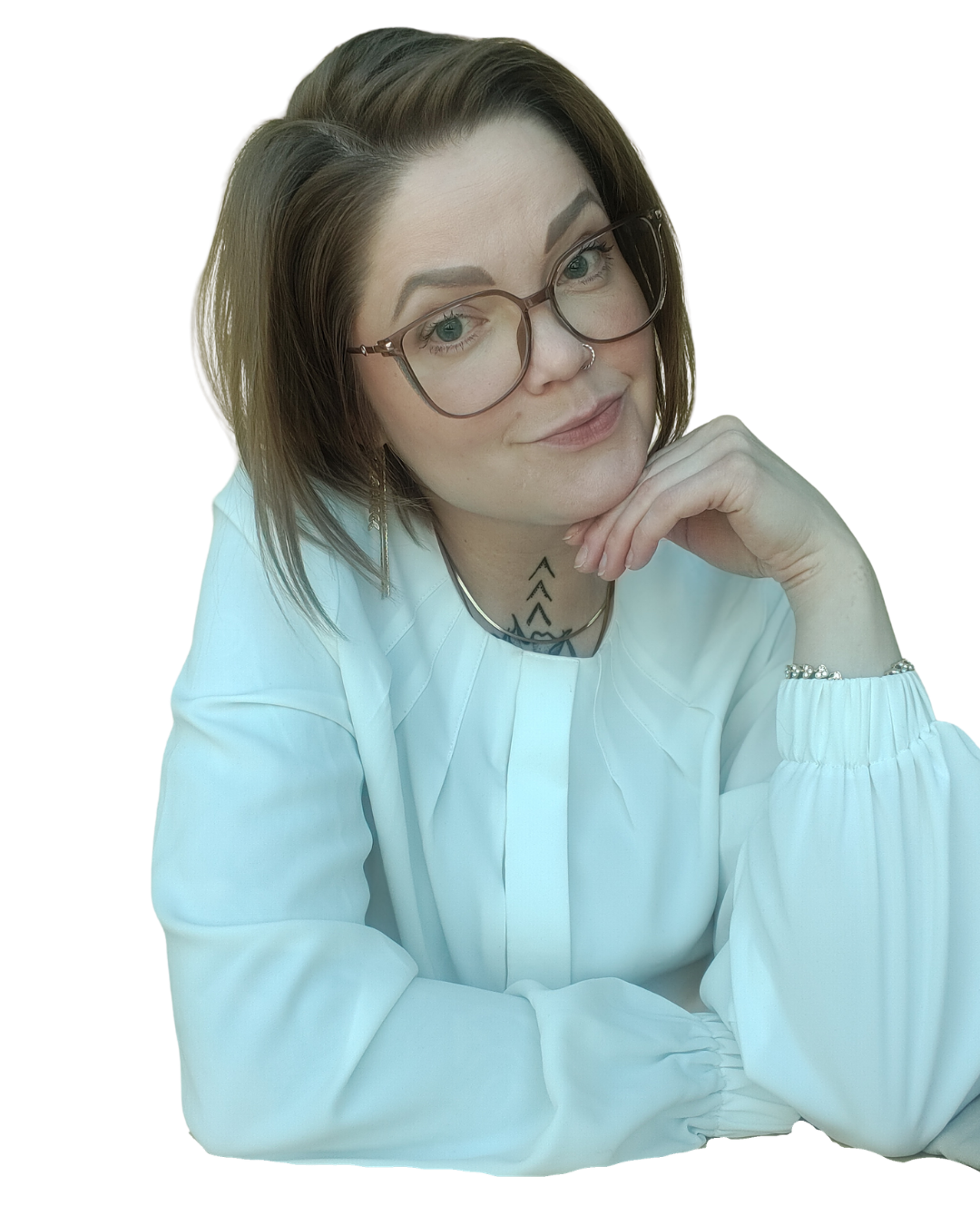 A woman with short brown hair, glasses, and a septum piercing, resting her chin on her hand, wearing a white blouse, with a colorful background.