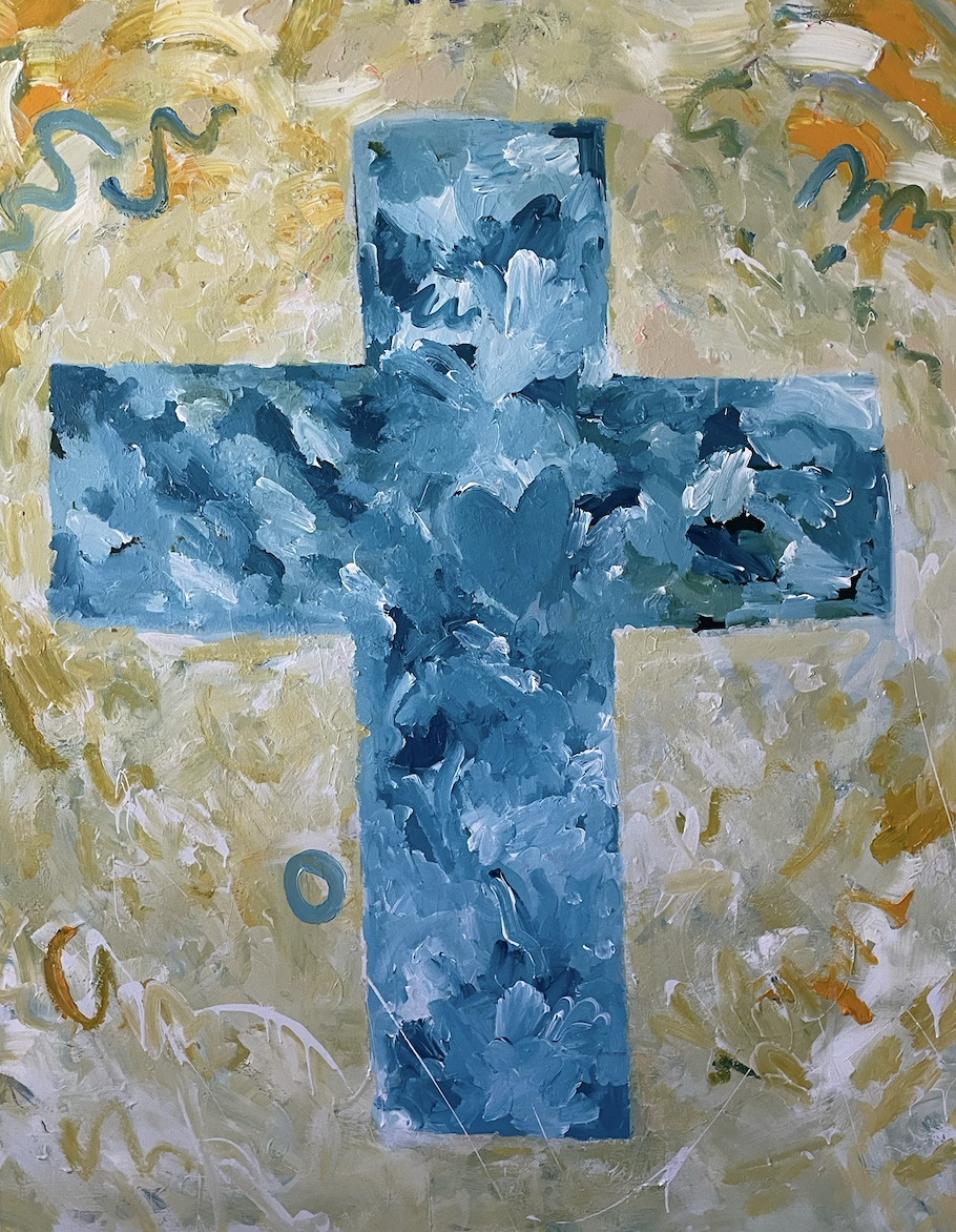 Abstract painting featuring a light-colored background with a central blue cross filled with dark and light blue brushstrokes, surrounded by loose, colorful brushstrokes.