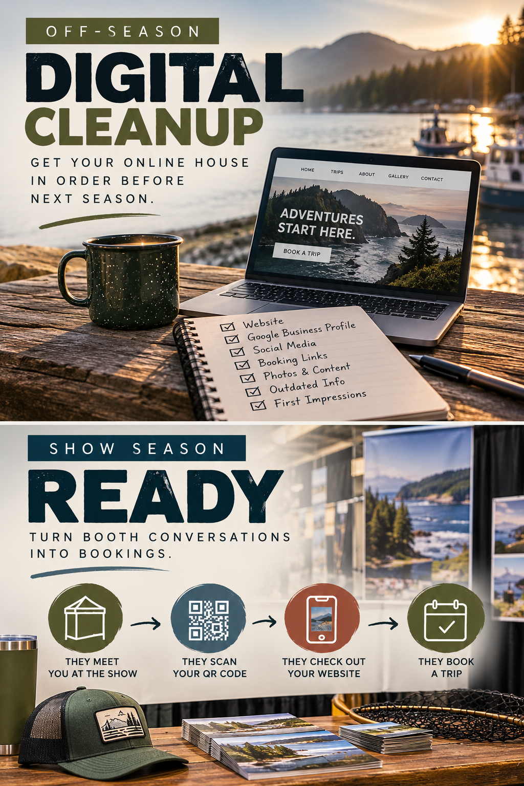An advertisement for off-season digital cleanup and show season bookings, featuring a scenic lakeside background, a laptop with travel options, checklist, and a booth setup with brochures and promotional materials.