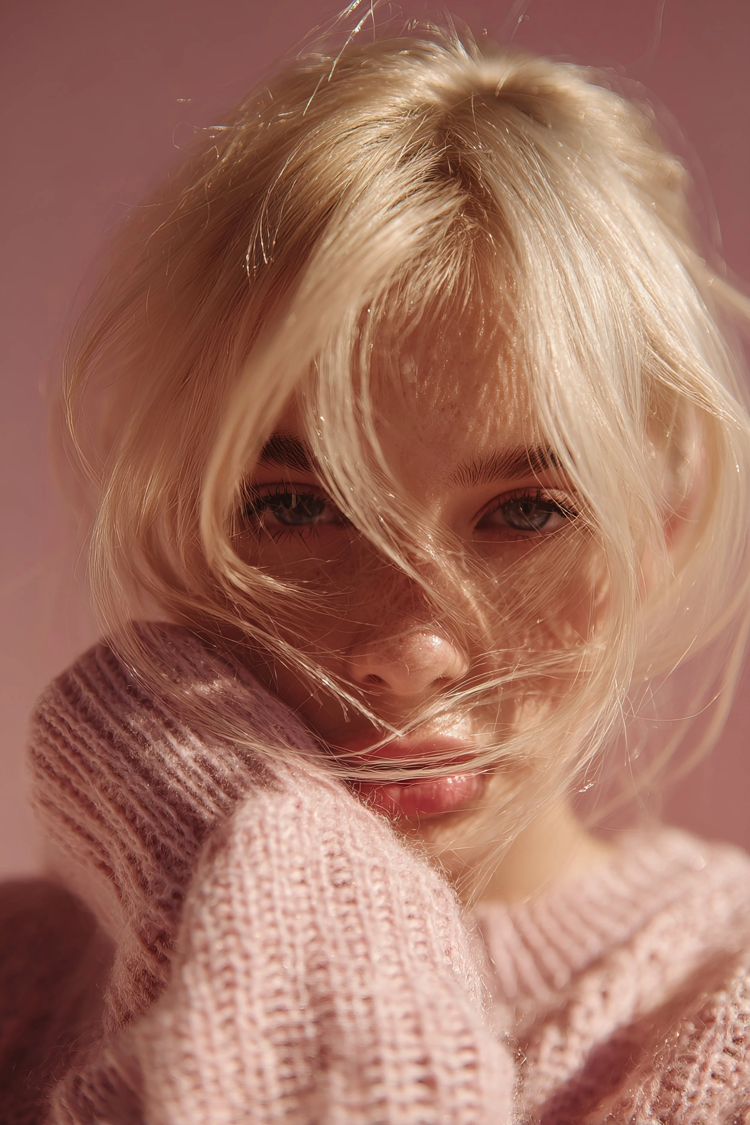 A close-up photo of a young woman with blonde hair, partially covering her face and eyes, wearing a soft pink knitted sweater.