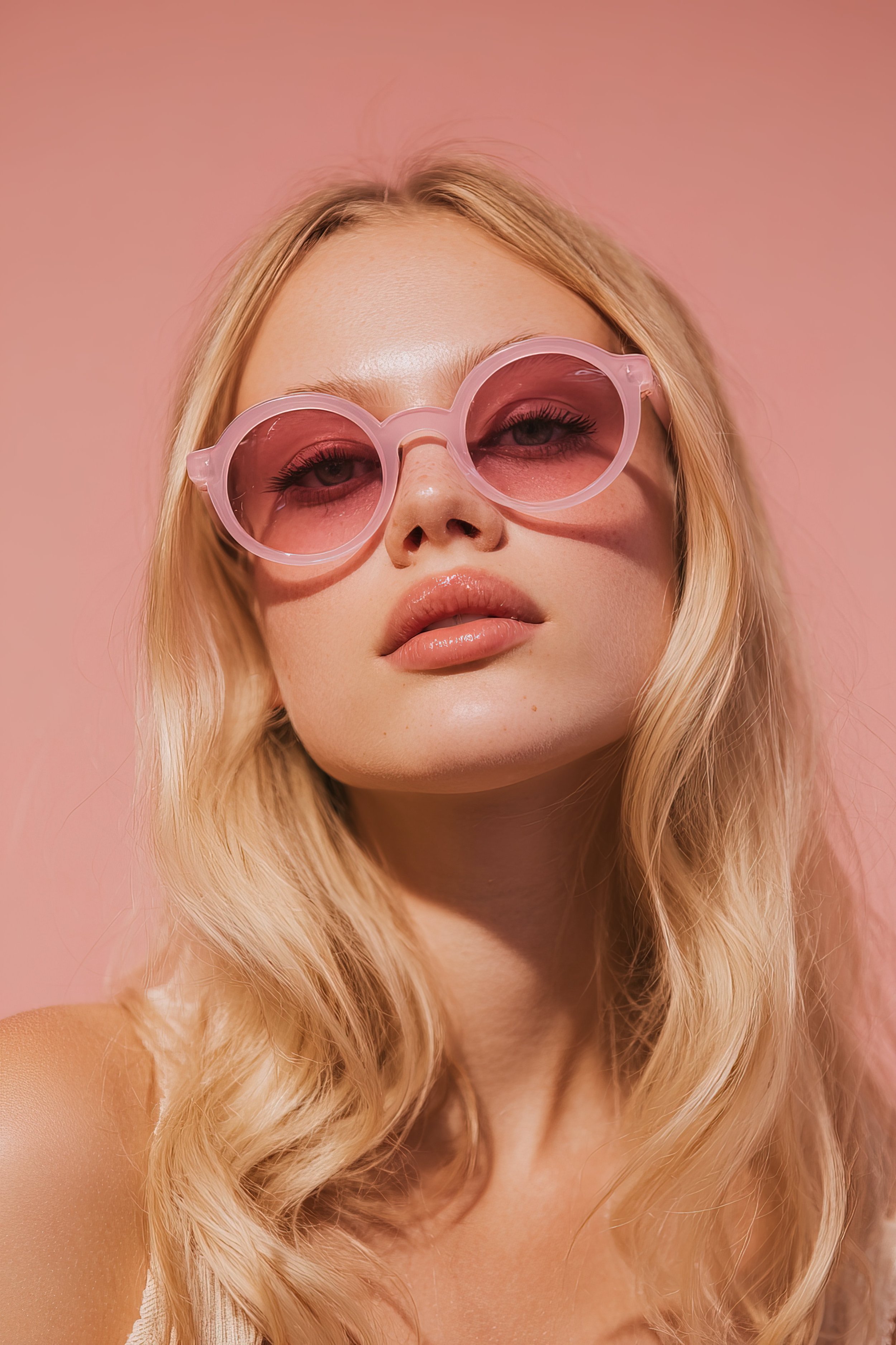 Close-up of a young woman with long blonde hair wearing pink sunglasses against a pink background.