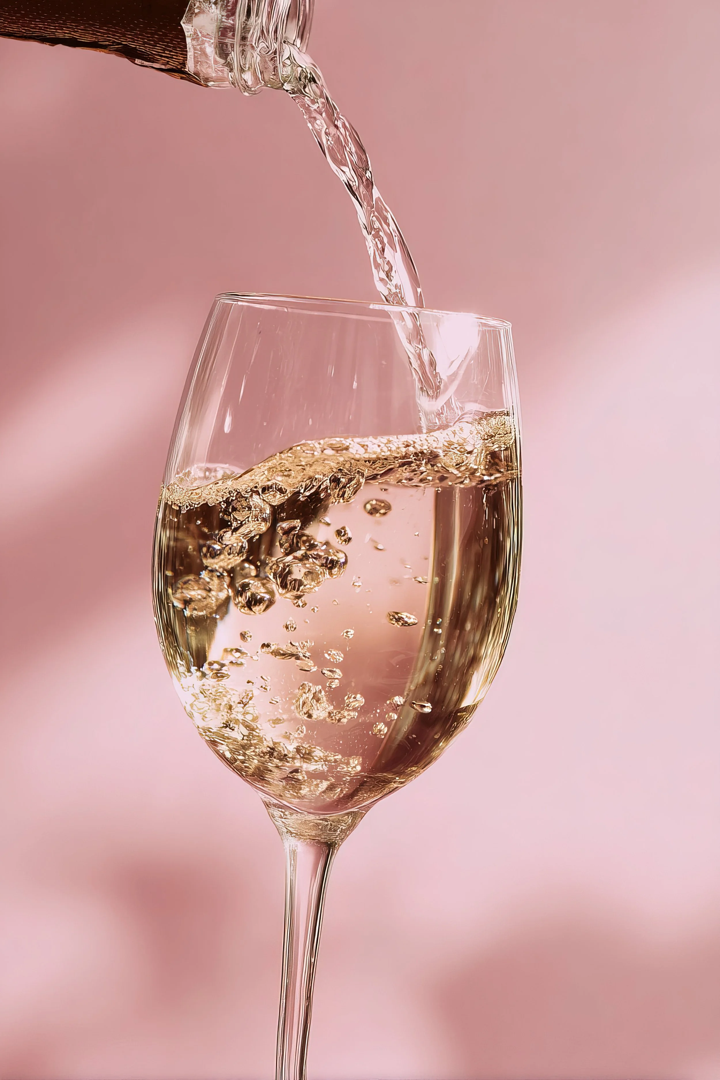 A glass of sparkling wine or champagne with bubbles, with pink background.