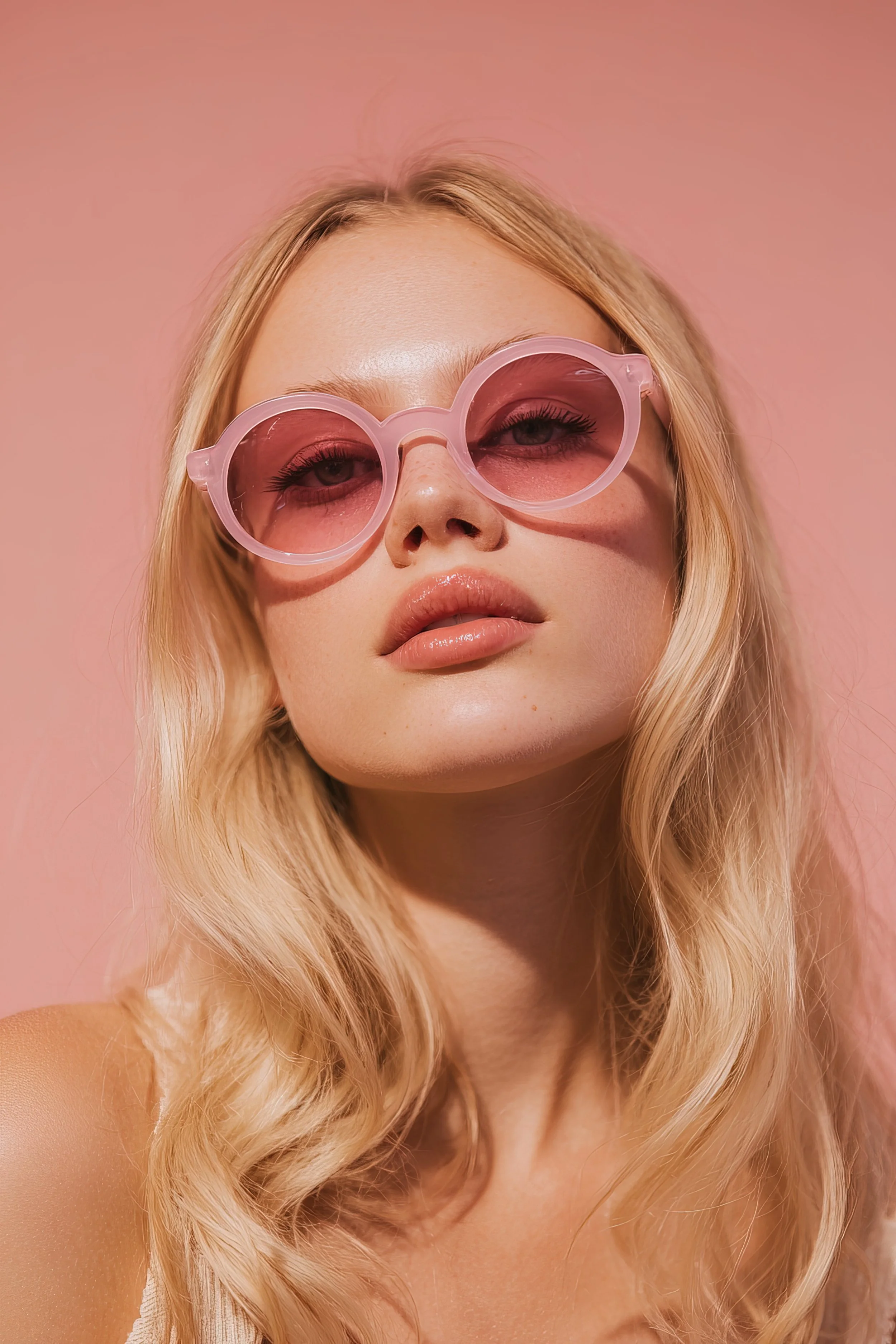 Close-up of a woman with blonde wavy hair wearing pink tinted round sunglasses against a pink background.