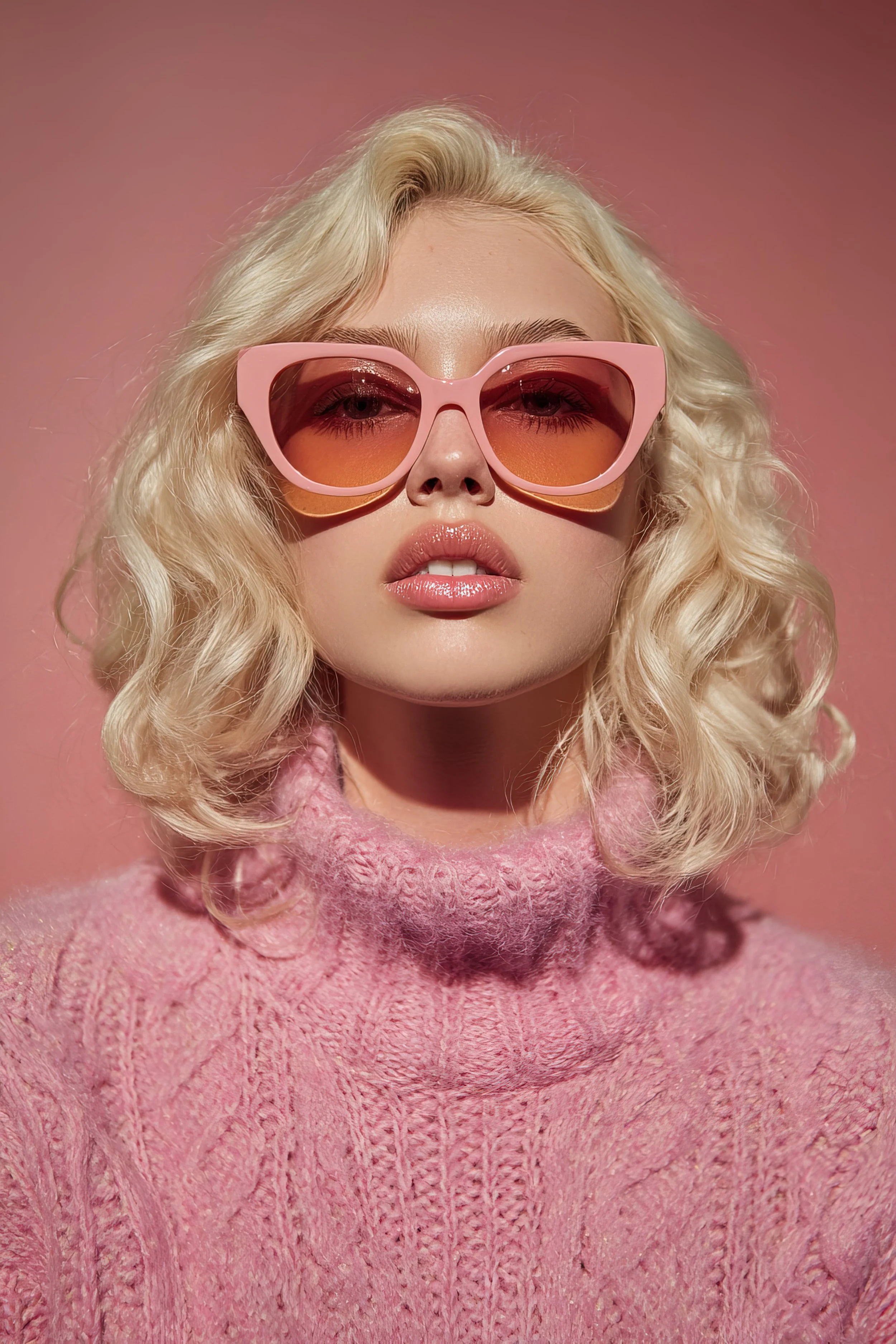 A woman with curly platinum blonde hair wearing pink sunglasses with gradient orange lenses and a pink textured sweater against a pink background.