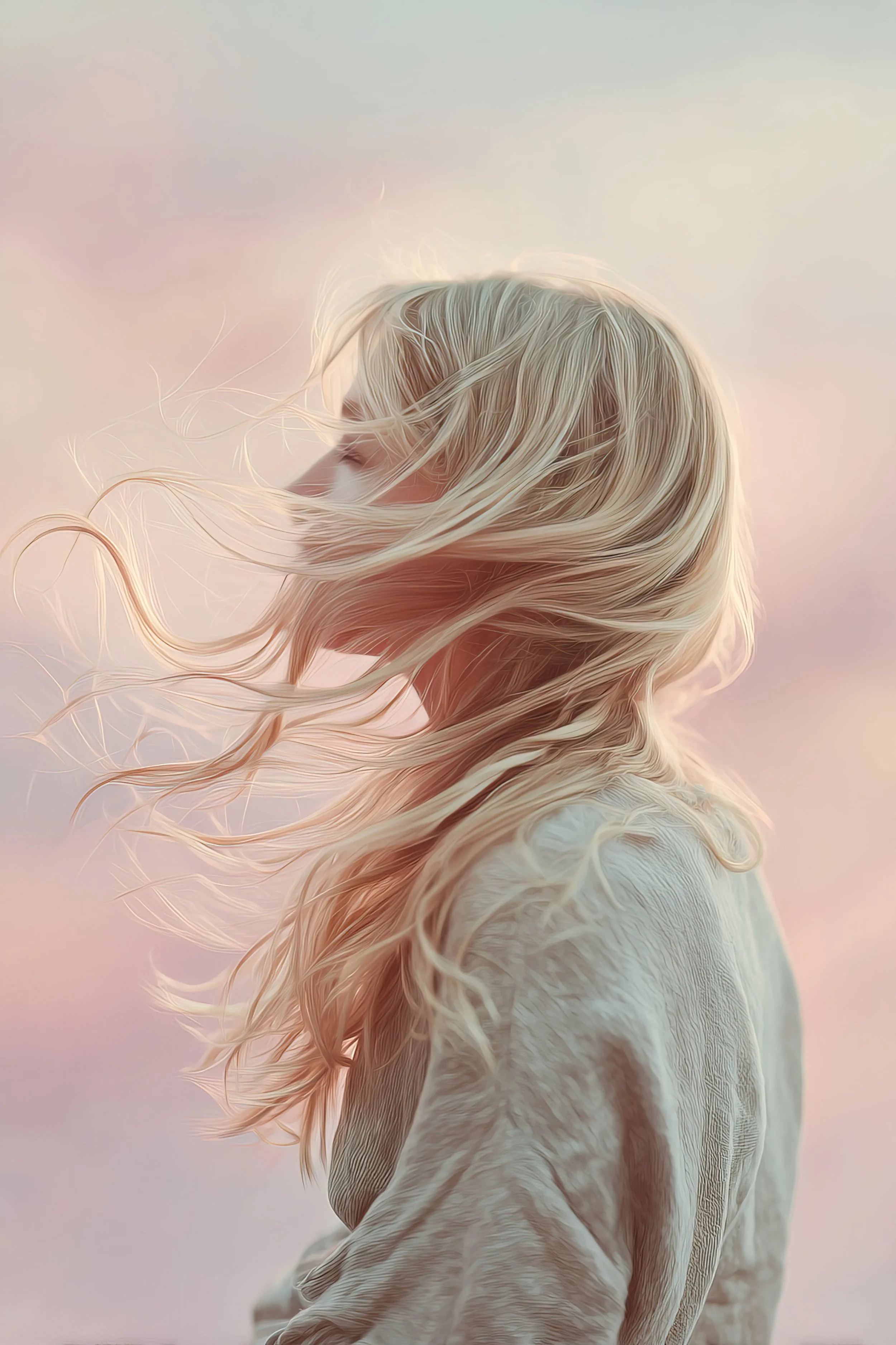 A person with long blond hair blowing in the wind, facing away. The background is a soft pastel gradient.