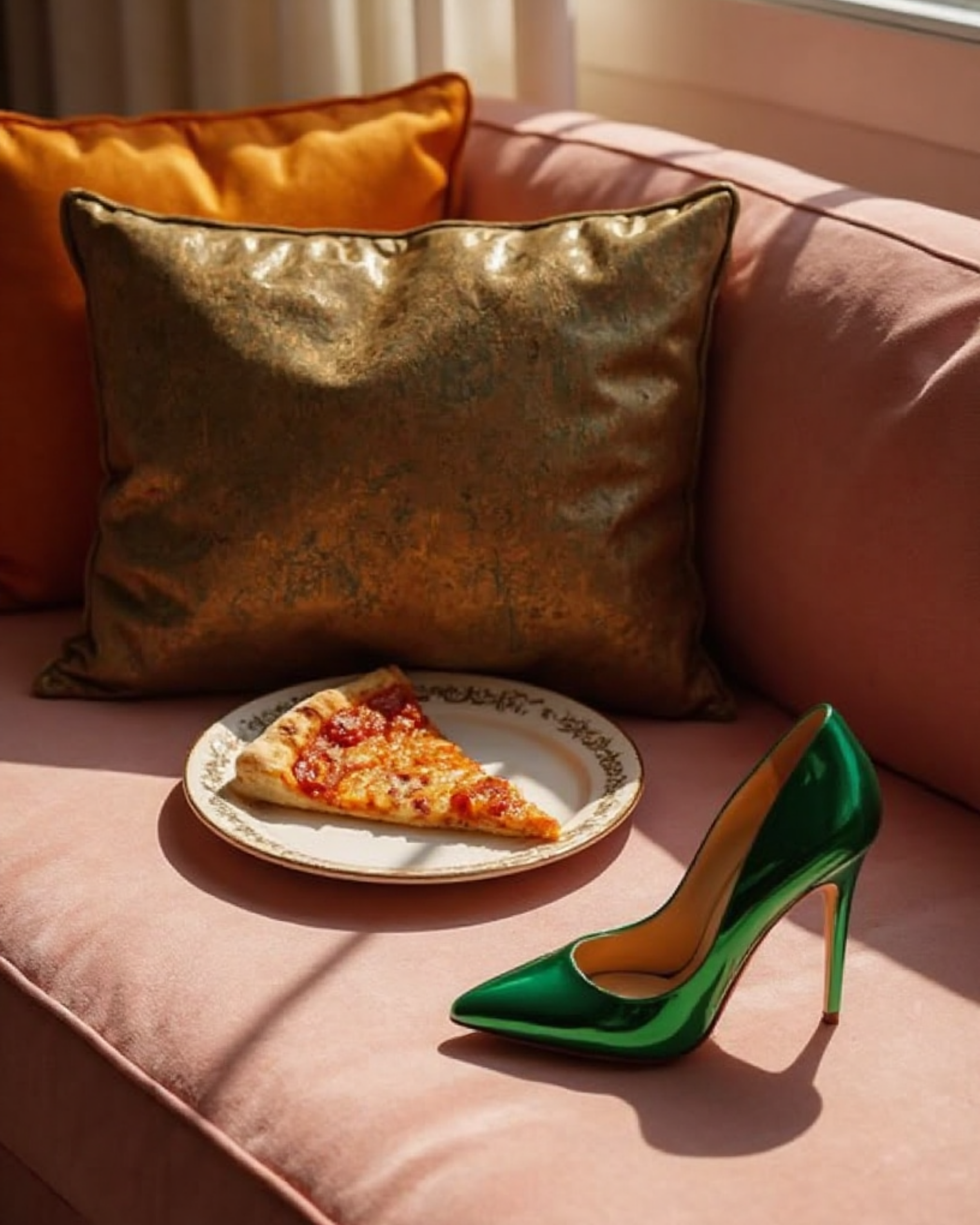 Close-up of a pink sofa with gold and pink pillows. A shot of a slice of pepperoni pizza on a patterned plate on the sofa's armrest. A green high-heeled shoe on the pink surface.
