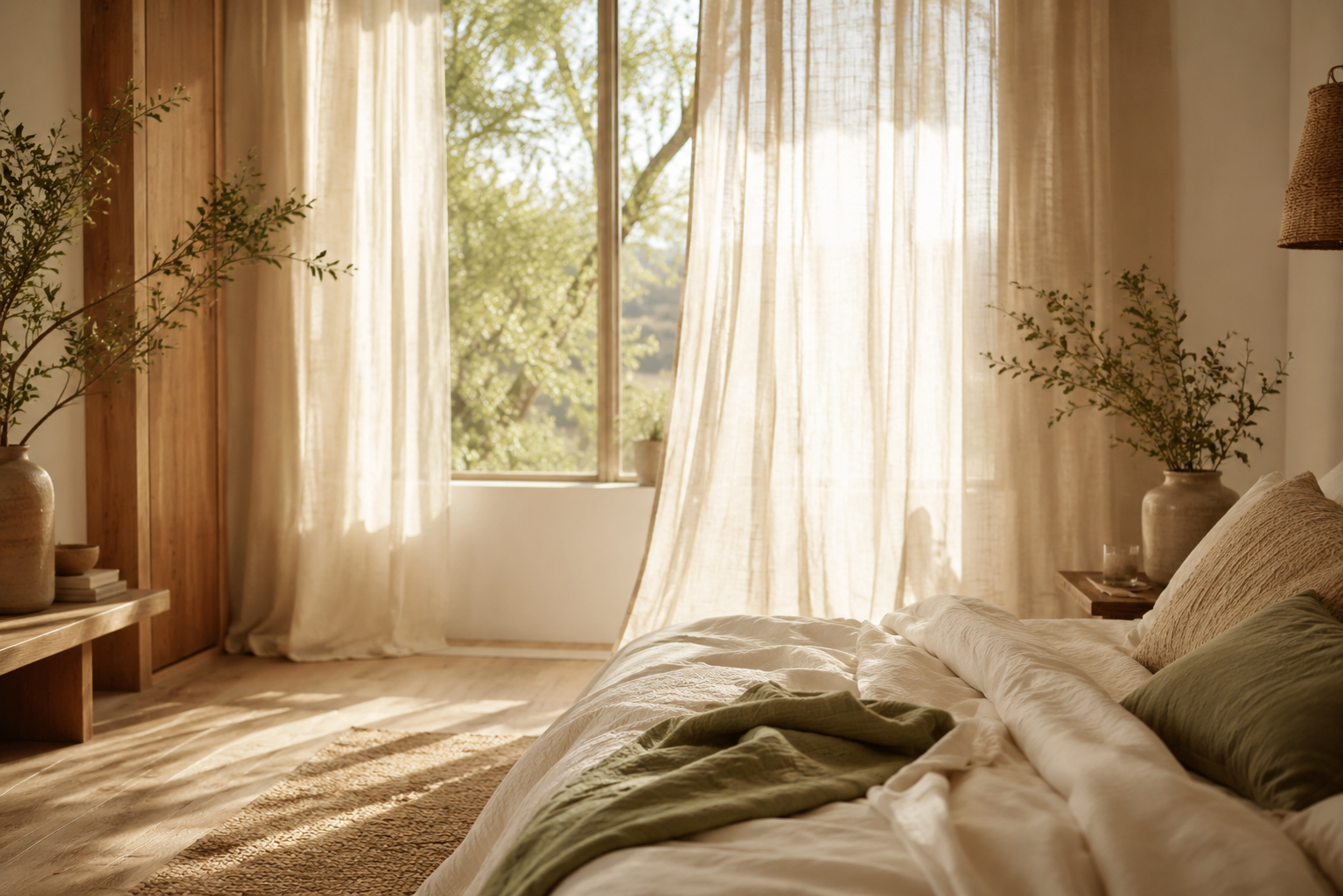 Sunlit bedroom with beige curtains, a bed with green and beige bedding, potted plants, and wooden furniture.