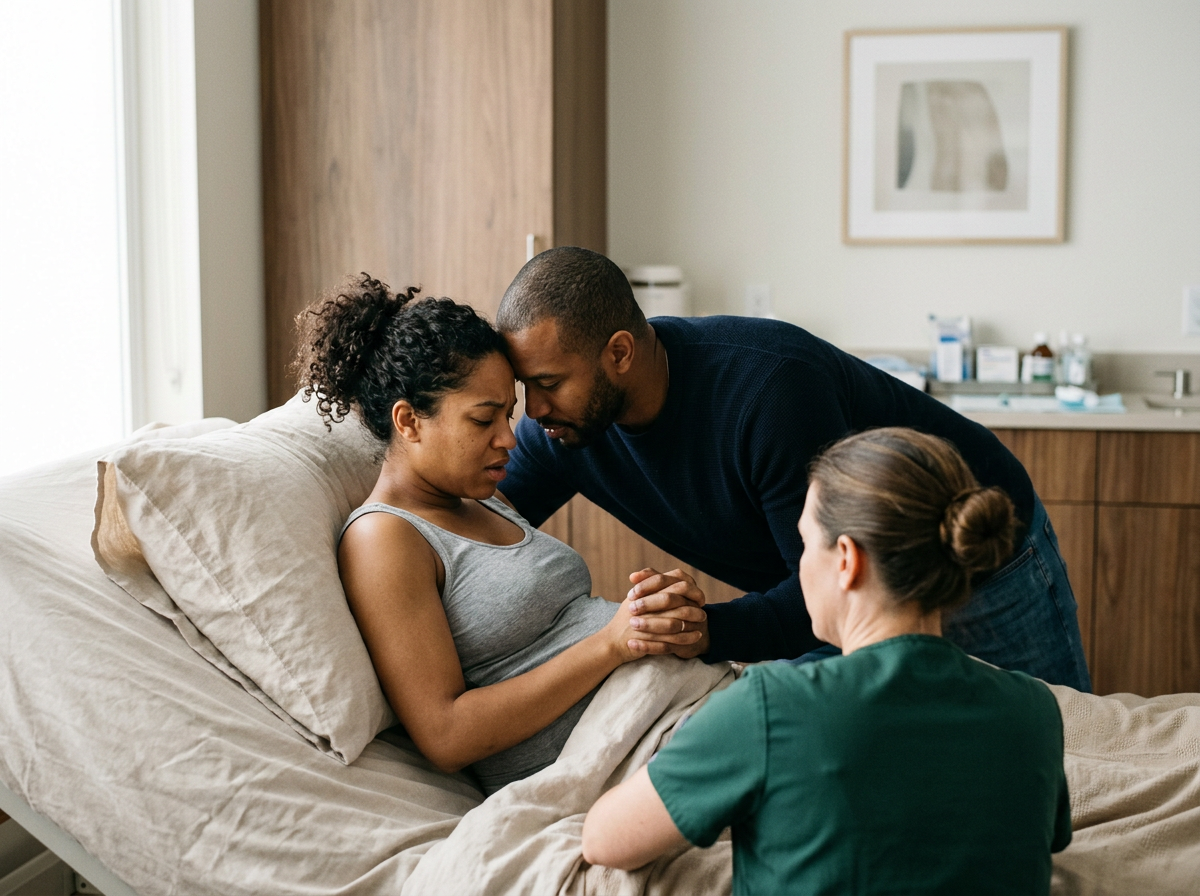 A woman in a hospital bed holding hands with a man and a nurse beside her, showing a moment of emotional support.