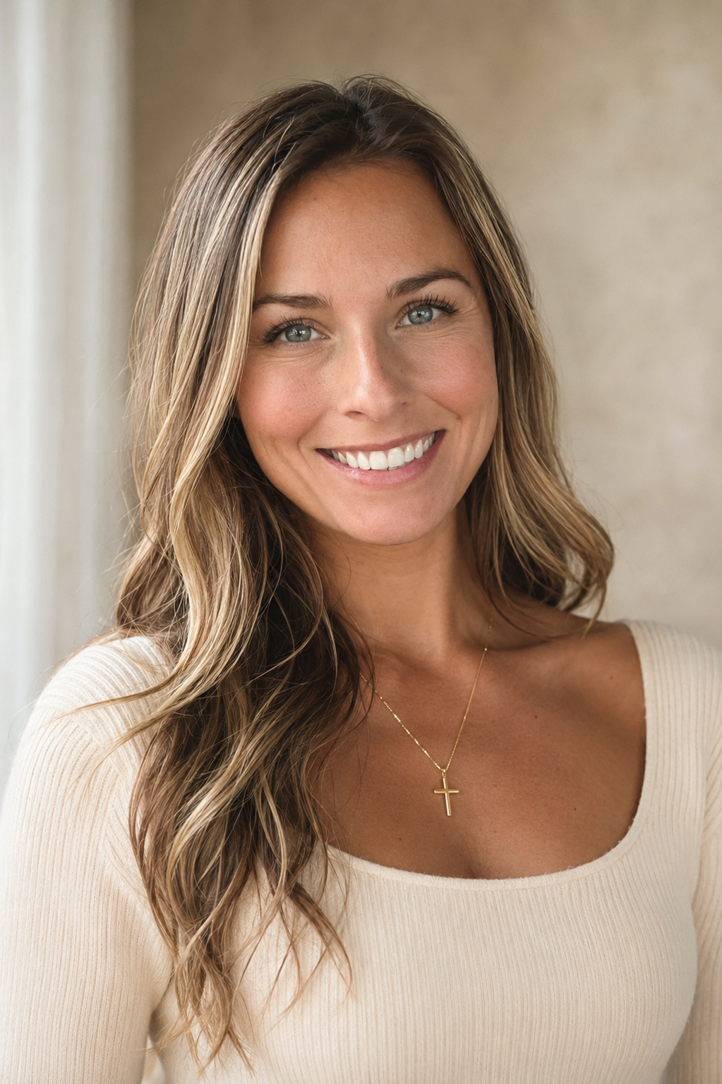 A woman with long, wavy light brown hair smiling at the camera, wearing a cream-colored top and a gold necklace with a cross pendant.