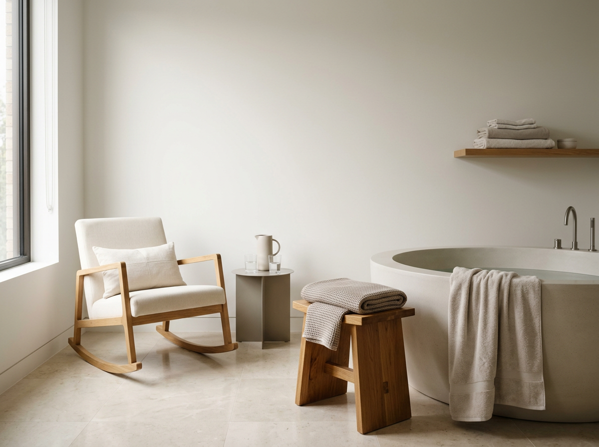 Minimalist bathroom with a white bathtub, a wooden bench with towels, a white armchair with a pillow, a small side table with a pitcher and glasses, window on the left, and a floating shelf with folded towels.