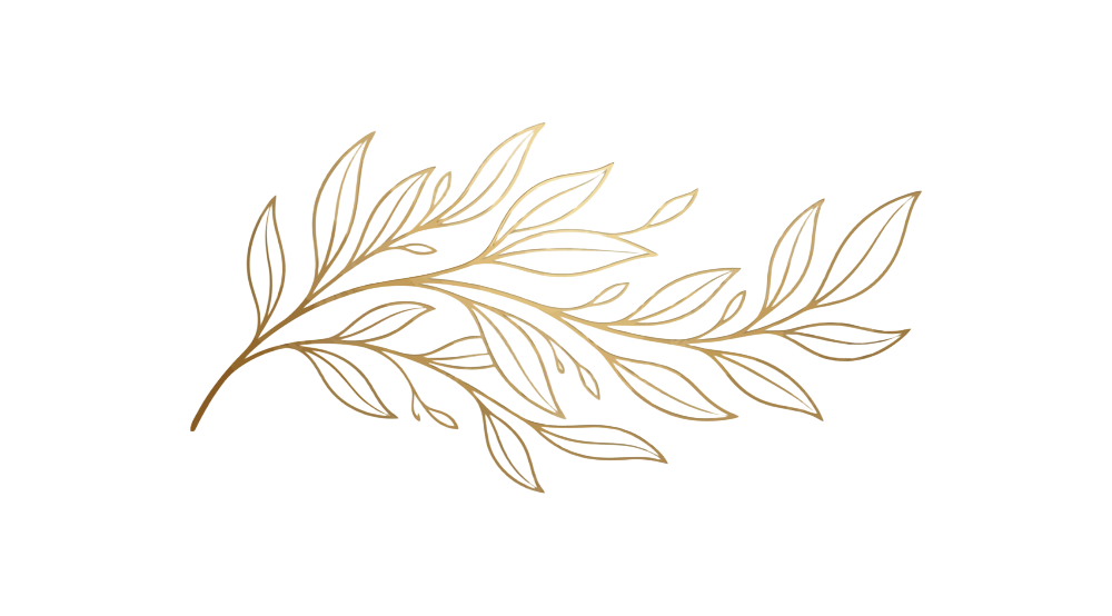 A gold-colored outline of a leafy branch on a black background.