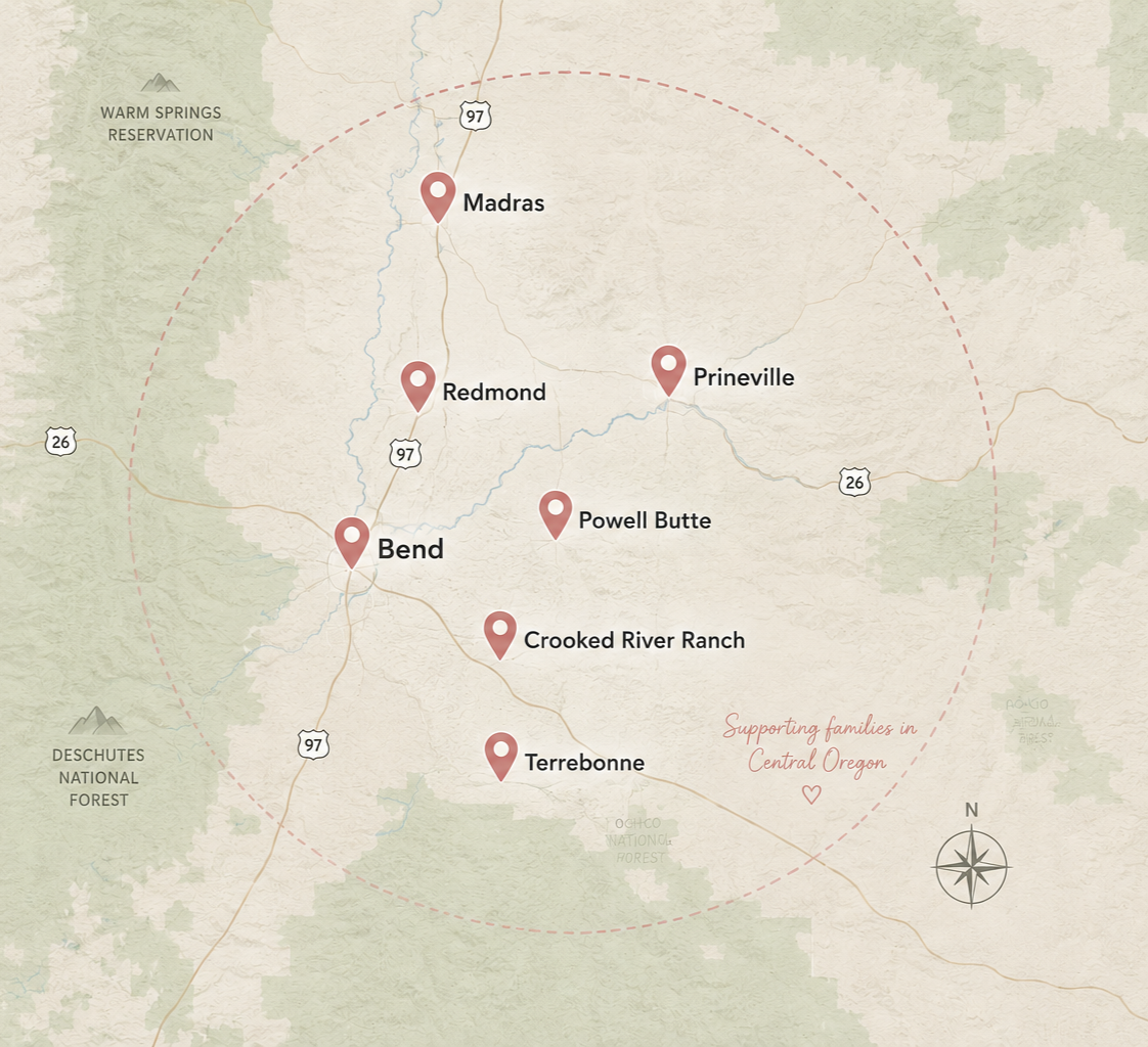 Map of central Oregon highlighting towns of Madras, Redmond, Bend, Powell Butte, Crooked River Ranch, and Terrebonne, supporting families in central Oregon.