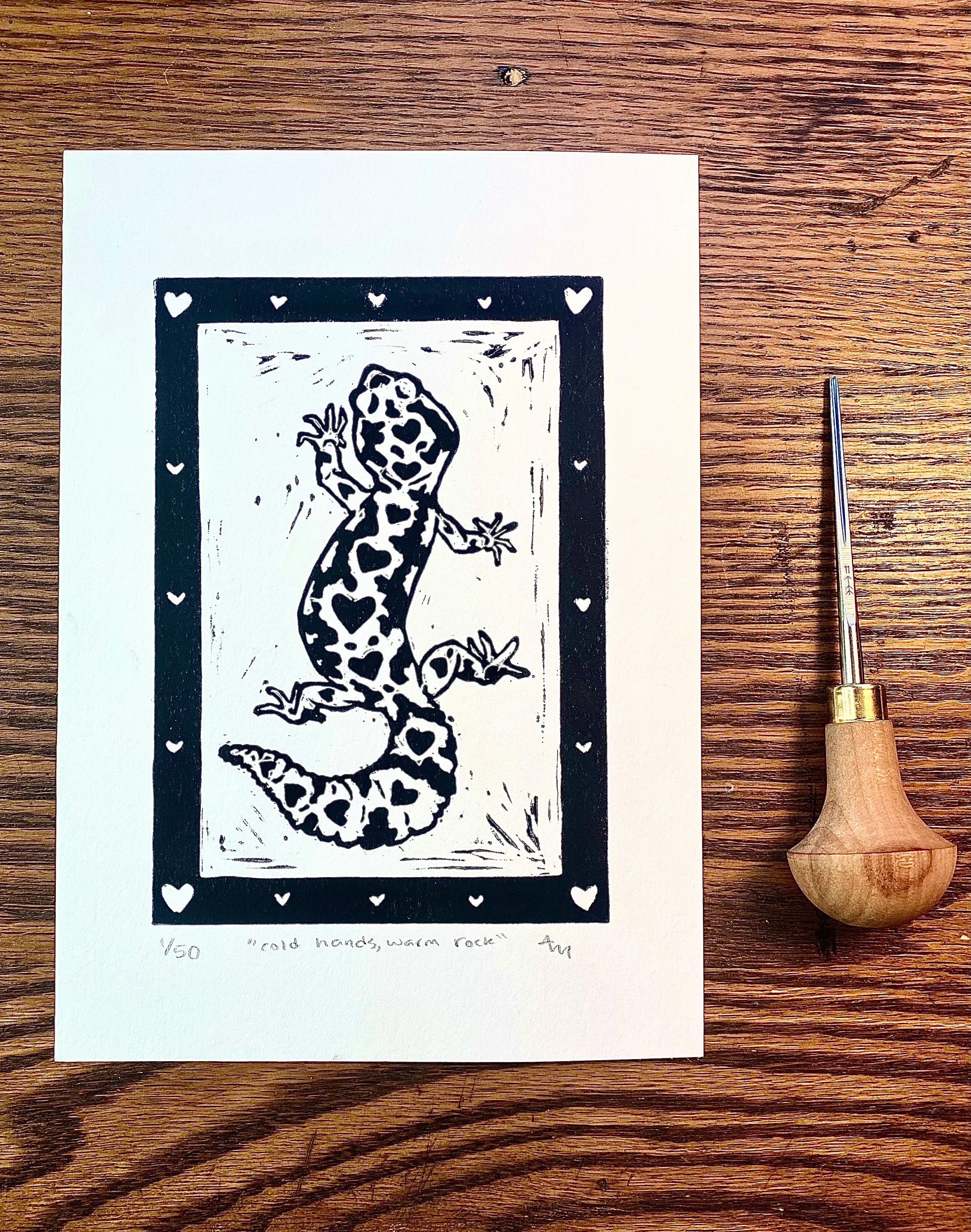 "cold hands, warm rock" - original linocut