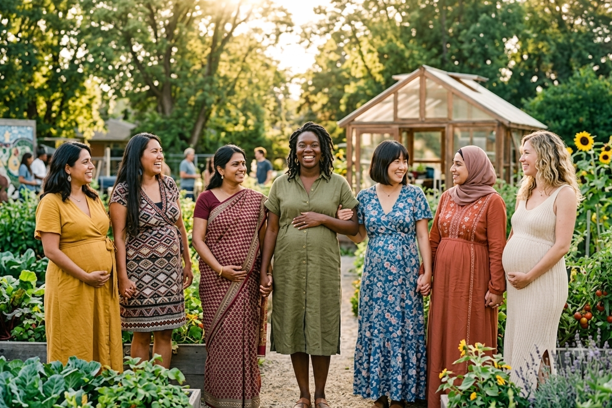 A diverse group of seven women standing arm-in-arm in a garden, smiling at each other during daylight, with green trees and a greenhouse in the background.