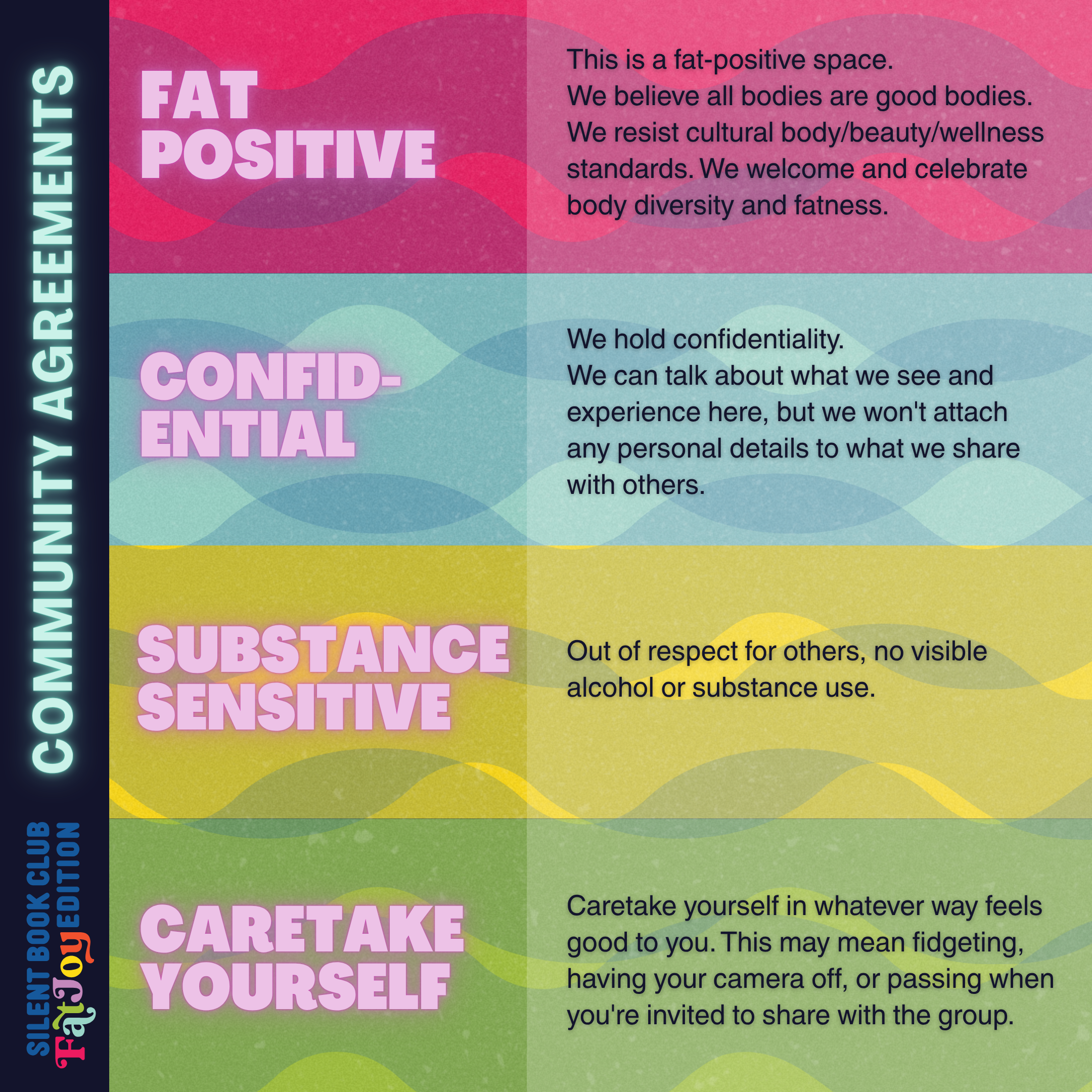 Community Agreements graphic - Squarespace is not allowing the full alt text to be added her. If you email us ww will be happy to provide it. Apologies for the limitations of this system. The community agreements are read aloud in every meeting.