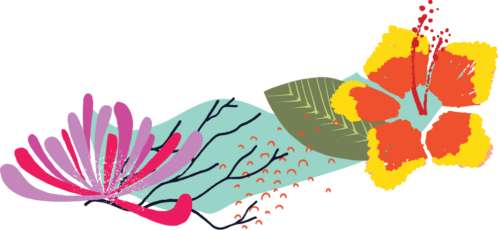 A colorful stylized flower with orange and yellow petals, pink and purple accents, and a light green and blue background with abstract leaf shapes.