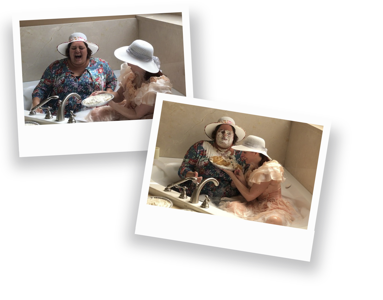 Two joyful, body-positive friends laugh together, fully dressed in a bath, playfully covered in pie and whipped cream. Their colorful outfits embody fat liberation, celebrating creativity and connection with unapologetic joy.