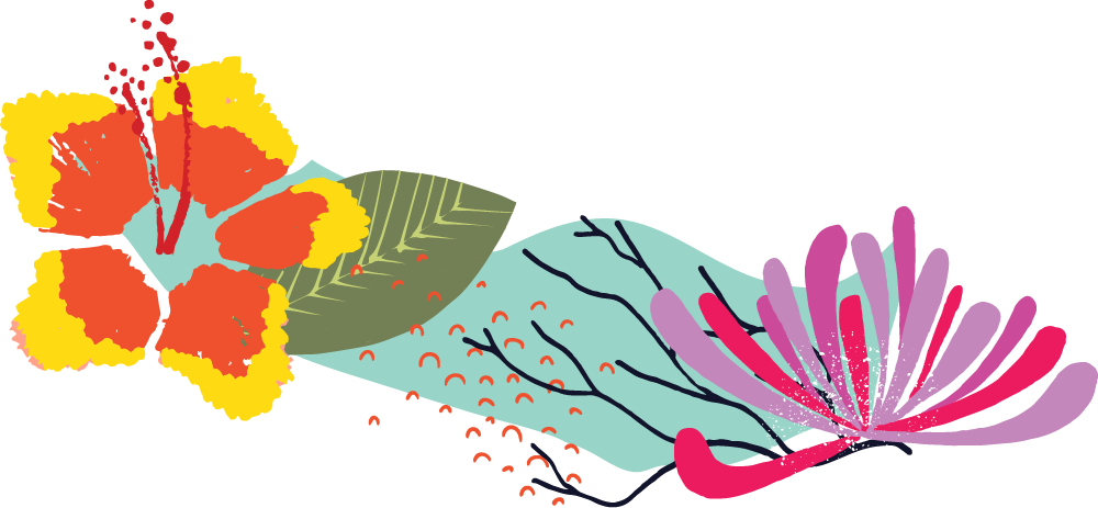 A colorful stylized flower with orange and yellow petals, pink and purple accents, and a light green and blue background with abstract leaf shapes.