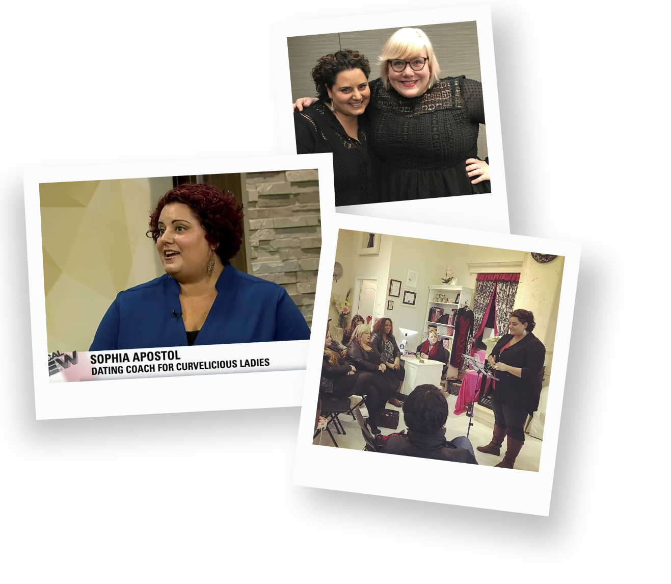 Collage of three photos: top photo shows two women smiling and posing together, both wearing black; bottom left photo shows a woman with curly red hair speaking on a talk show, with a caption reading "Sophia Apostol, Dating Coach for Curvaceous Ladies"; bottom right photo shows a woman speaking to an audience in a cozy, decorated room with several women seated and listening.