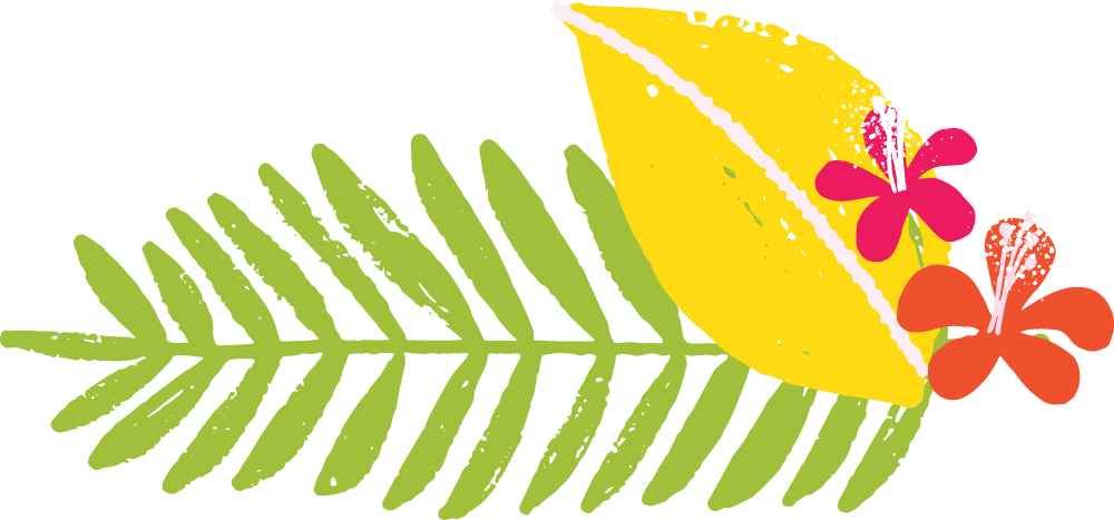 Colorful tropical leaves and flowers, including a large yellow leaf, a green fern, and pink and orange hibiscus flowers.